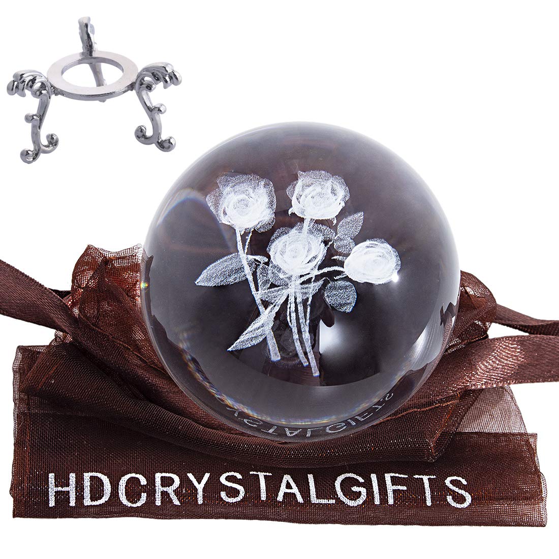 Crystal 2.4 inch (60mm) Rose Bouquet Crystal Ball with Sliver-Plated Flowering Stand,Fengshui Glass Ball Home Decoration