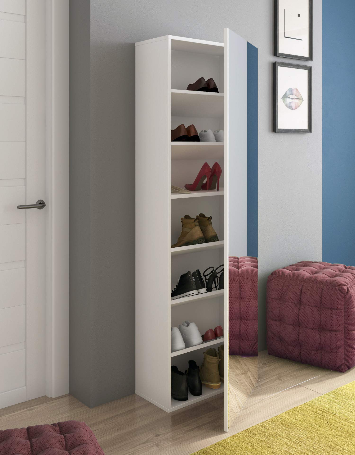 Bricozone Scarpiera Con Specchio Alta Salvaspazio Moderna Fino A 14 Paia Di Scarpe Mobile Slim Da Ingresso Con Anta Reversibile 7 Ripiani Bianco Lucido Arredo Per Corridoio O Camera Da Letto