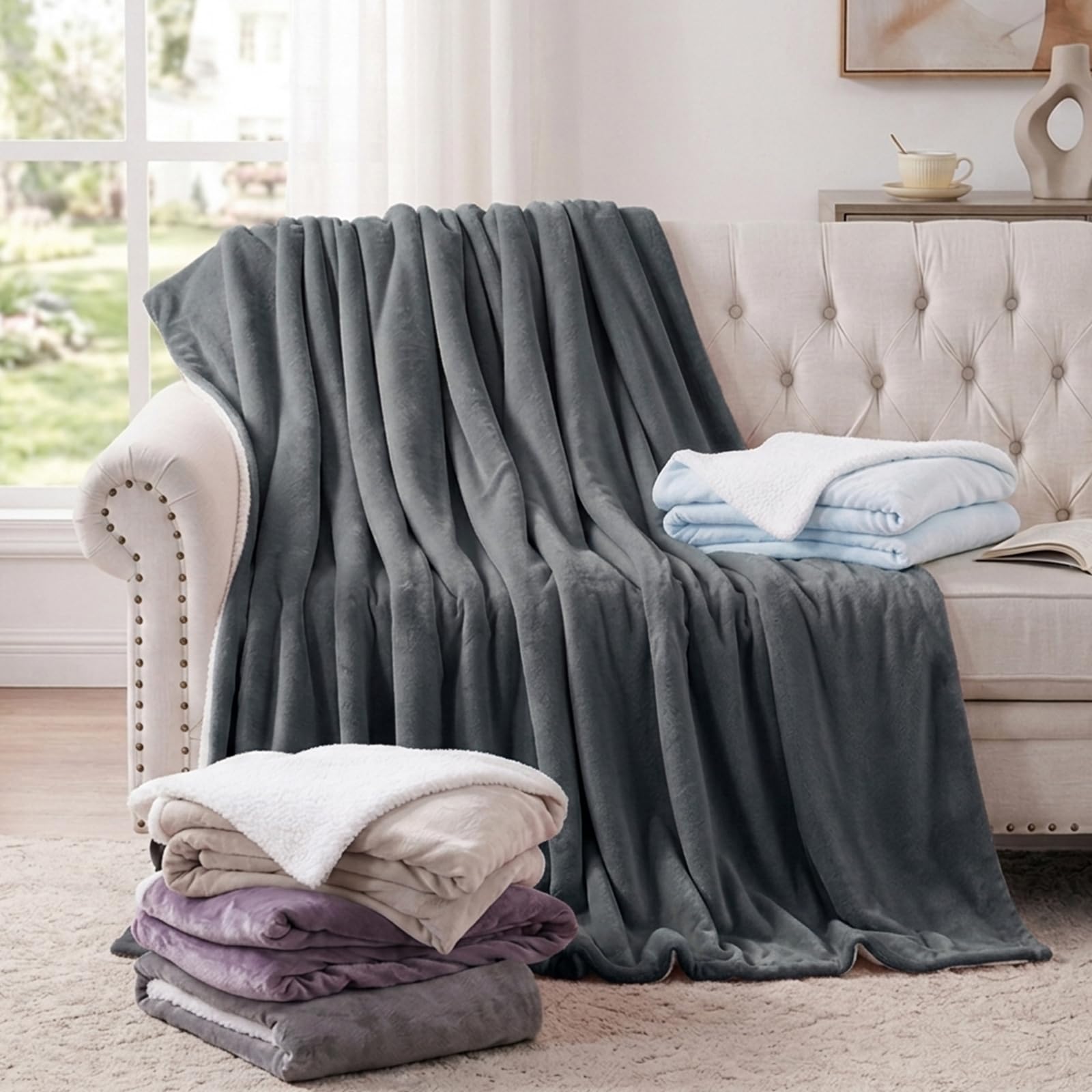 Aisbo Plaid Canape Polaire en Sherpa - Couverture 150x200 Jete de Canape Hiver, Plaid Canapé 150 x 200 Gris Foncé Mouton 2 Personnes Doux et Chaude