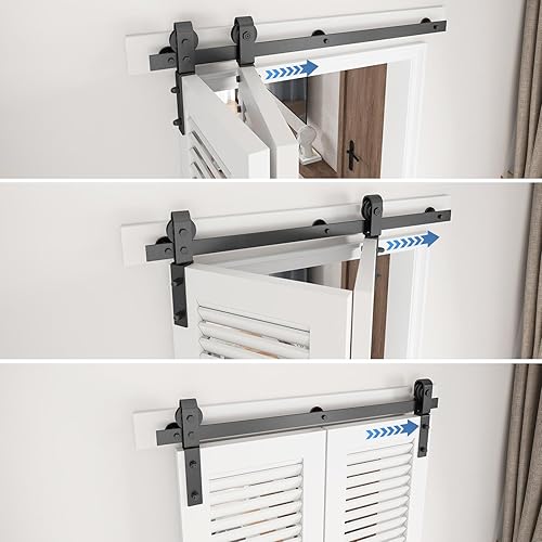 Miniatura 6 de EaseLife Kit de riel de 30 pulgadas para puerta corrediza de granero plegable para 2 puertas de armario, rodillo de montaje lateral, resistente, se