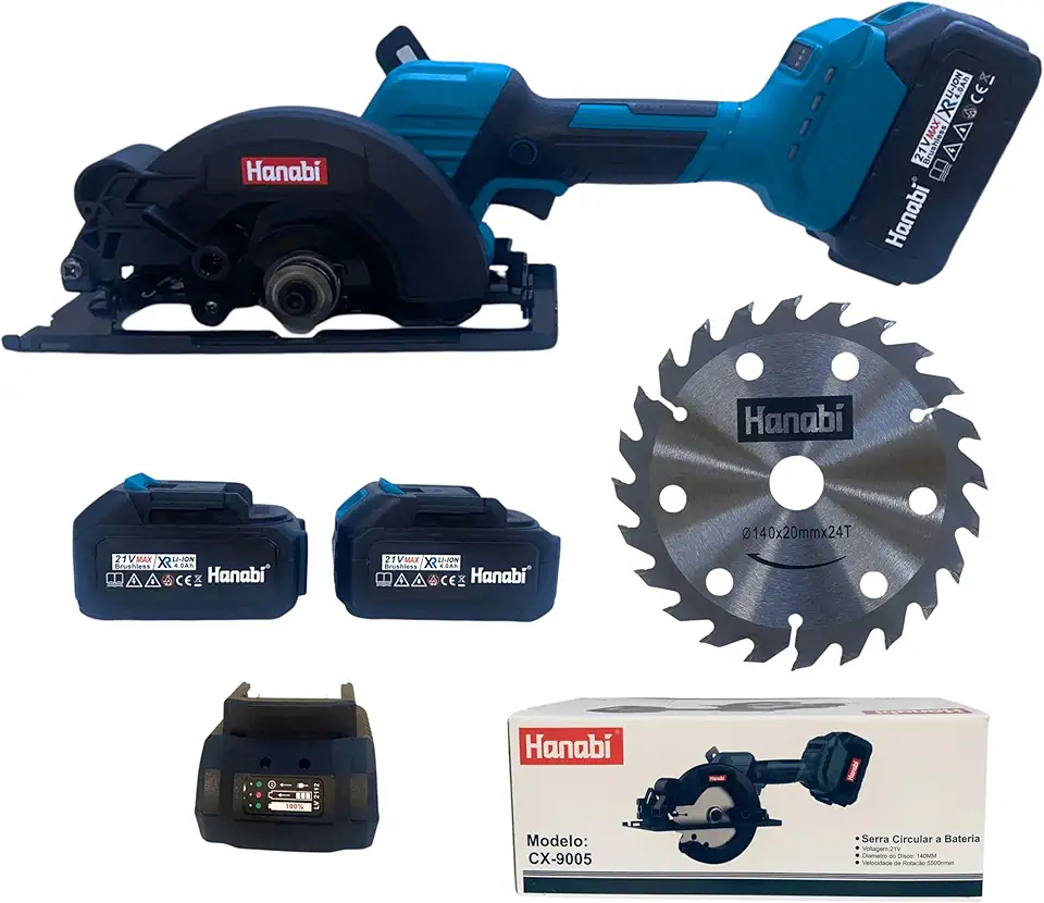 Hanabi Serra Circular a Bateria 21V 4,0Ah com 2 Bateria Motor Brushless 125mm Serra Circular Para Madeira Portatil Sem Fio 960w, 6500RPM, Profundidade máxima de corte de 5,2 cm (90°), 3,6 cm (45°)