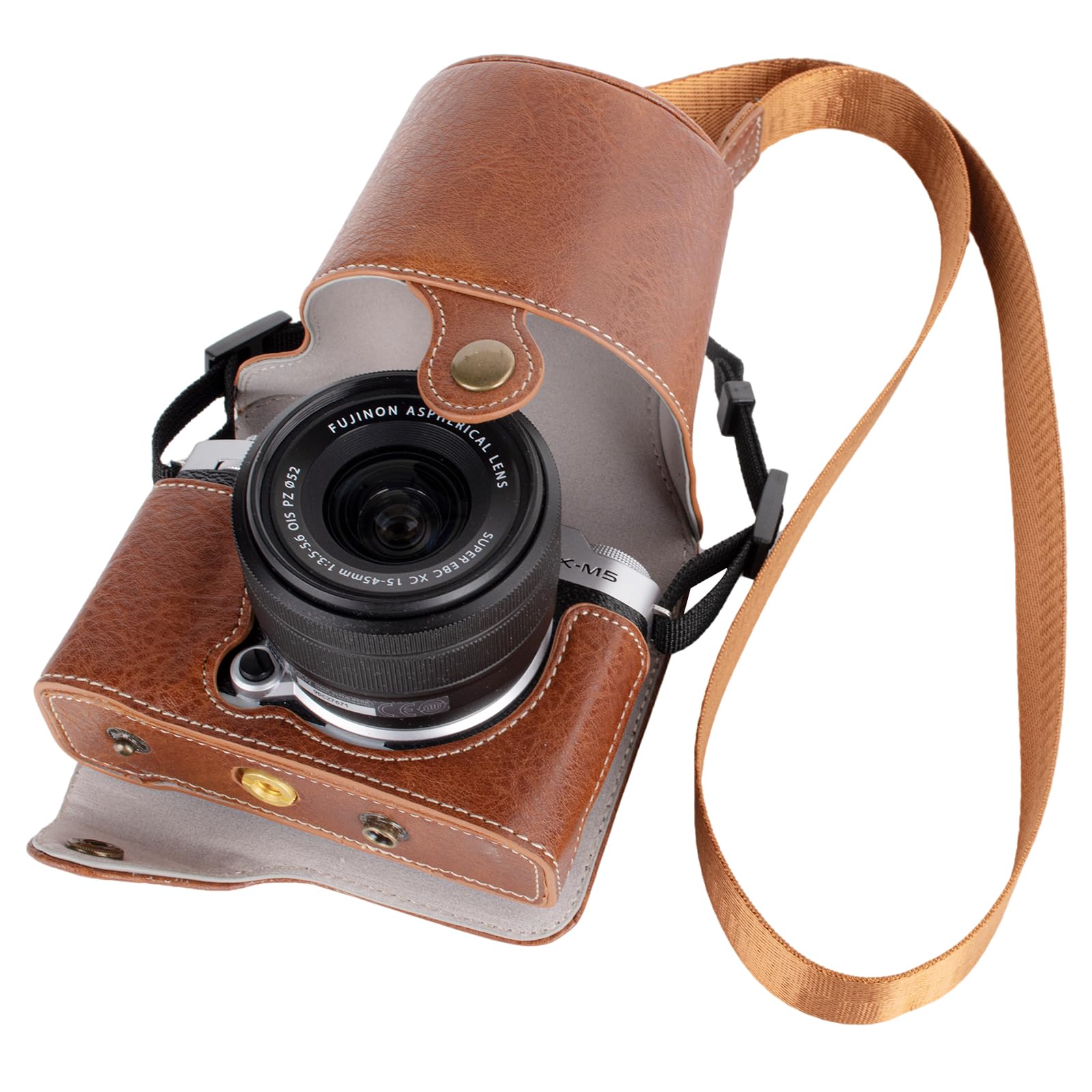 Étui de protection Fujifilm X-M5 sans miroir, demi-coque avec coque avant et bandoulière, bouton pression, café