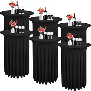 6 Pack Round Cocktail Table Skirts 32 x 43 Inch Black Spandex Cocktail Table Covers with Wavy Drapes Stretch Fitted Round High Top Tablecloths for Wedding Bar Party Banquet