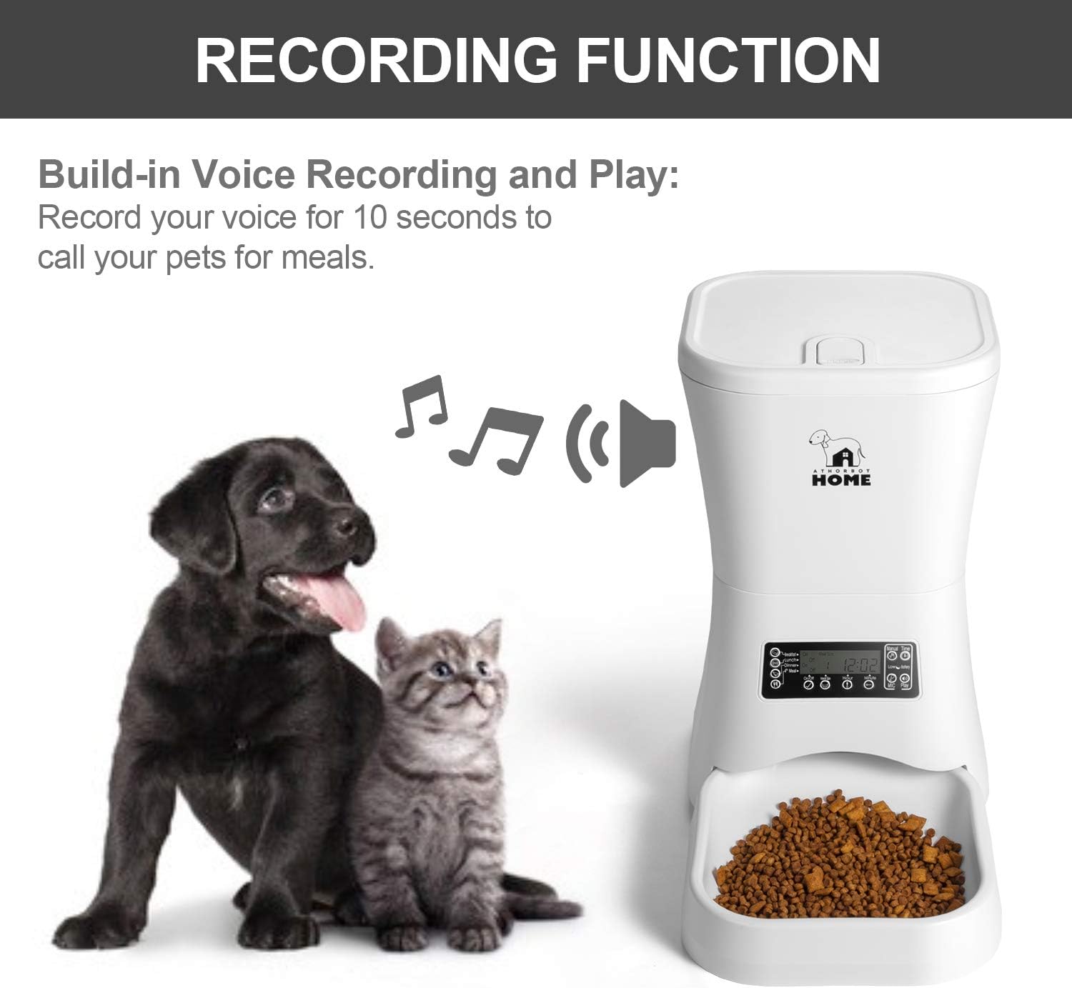 A dog and cat sitting next to the Athorbot Automatic Pet Feeder, with musical notes and a speaker icon indicating the voice recording feature.