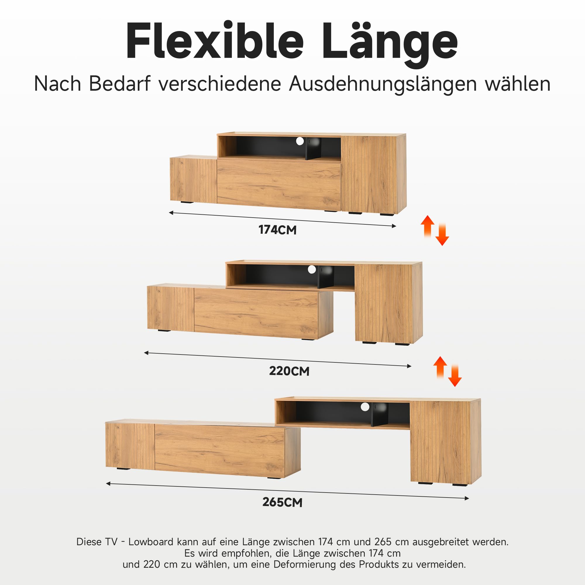 Mueble para salón, mueble de TV, juego de muebles de salón (juego completo, 2 unidades), mueble de TV con vitrina, estantería de pie, longitud flexible, hasta 265 cm, TV de hasta 120