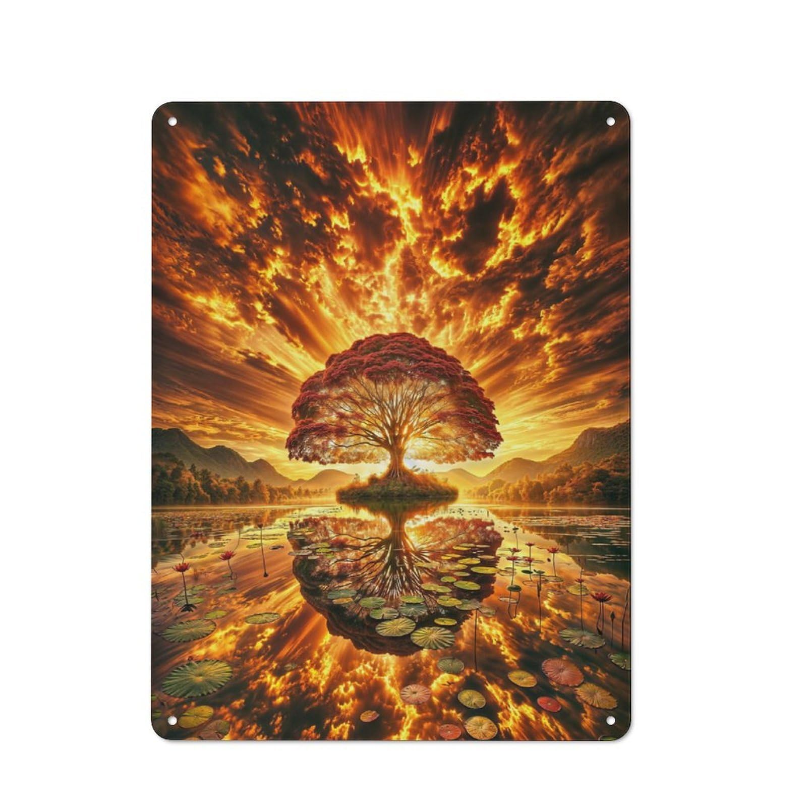 Junmoney Style-1 Tin Wall Plaque 40X30cm With Fiery Sunset Tree For Garage Wall, Suited To People Furnishing A Garage