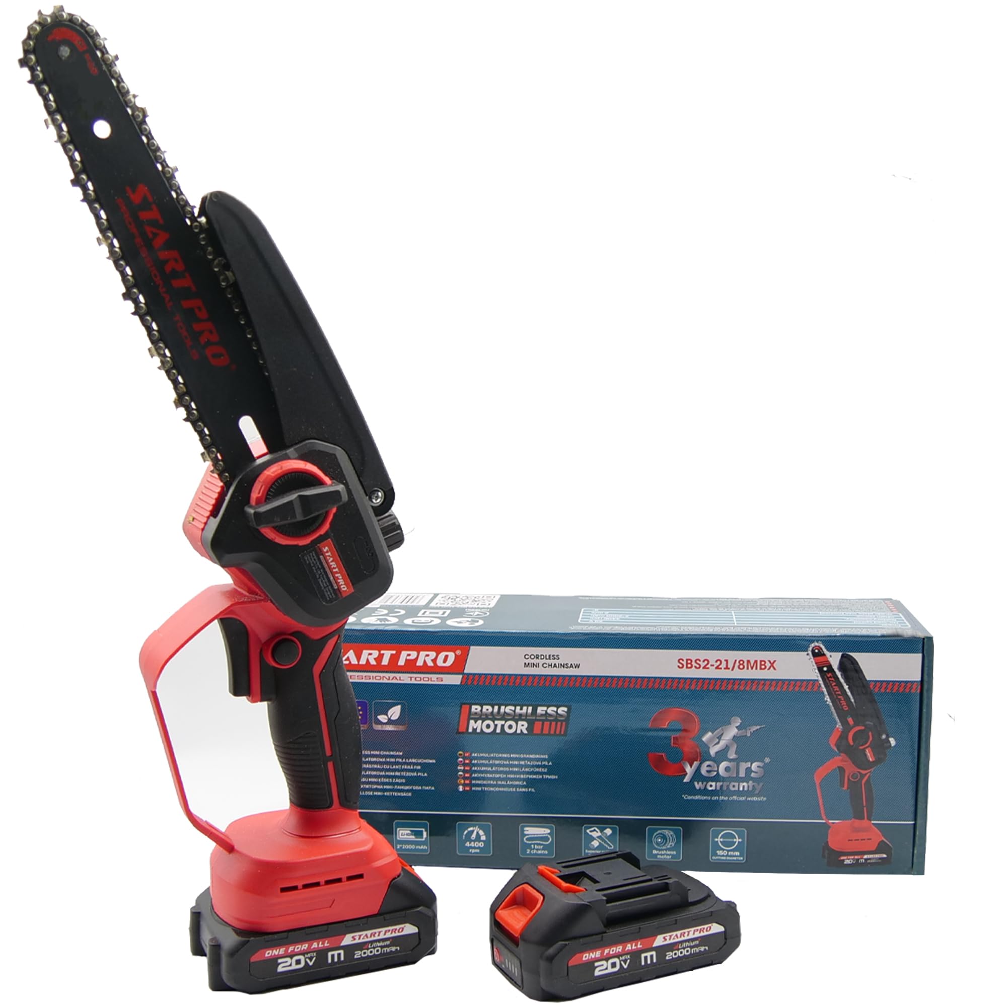 Mini piła łańcuchowa akumulatorowa 8 cali StartPro SBS2-21/8MBX, elektryczna piła łańcuchowa z 2 akumulatorami 2,0 Ah i ładowarką, 2 łańcuchy, ręczna piła łańcuchowa do cięcia drzew, gałęzi, drewna