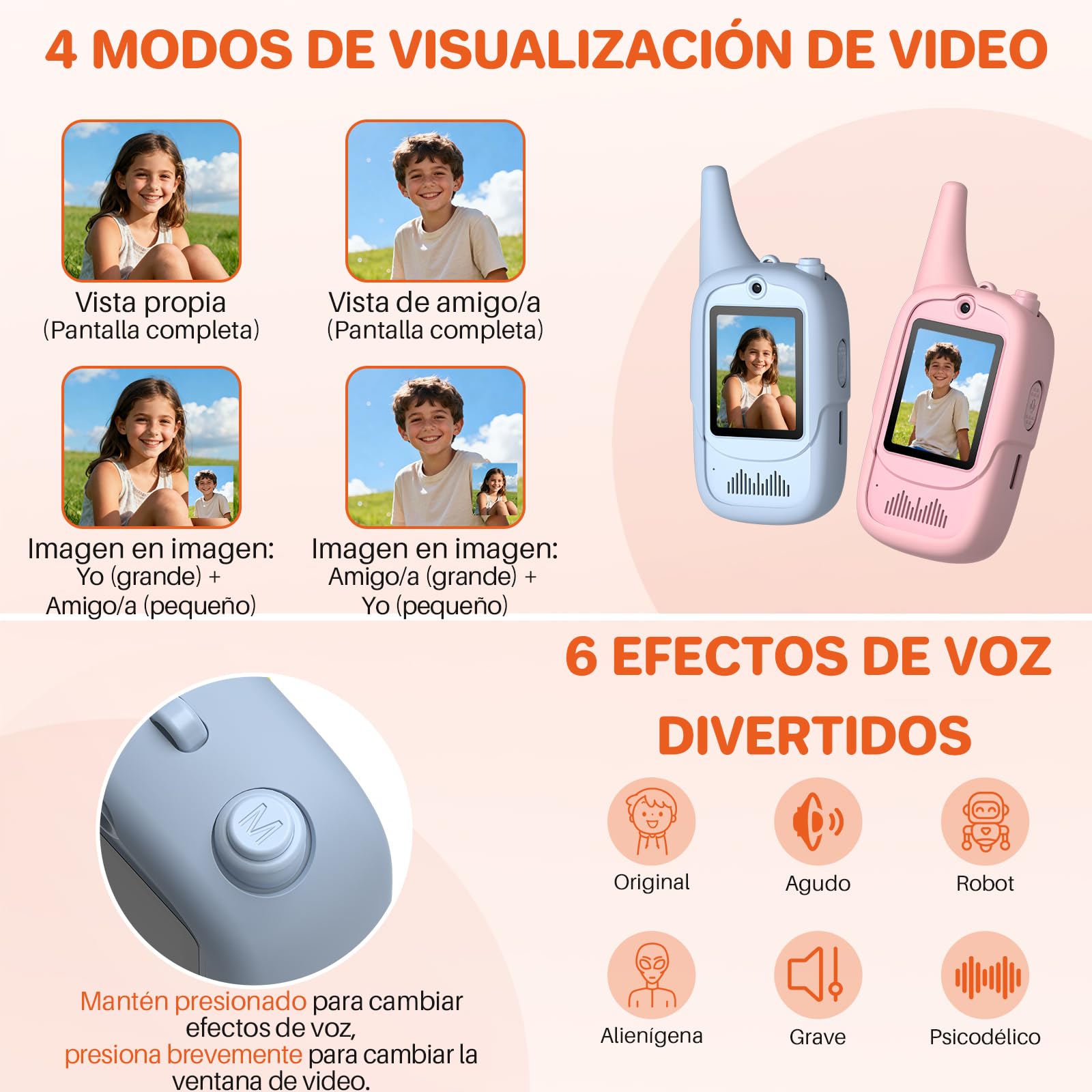 FUNYKICH Walkie Talkie de Video para Niños 3-12 Años(Paquete de 2), Walkie Talkies Recargable con 6 Efectos de Voz, Largo Alcance 350M, Regalo Ideal Cumpleaños, Hogar,Exterior,Patio,Senderismo — view 2