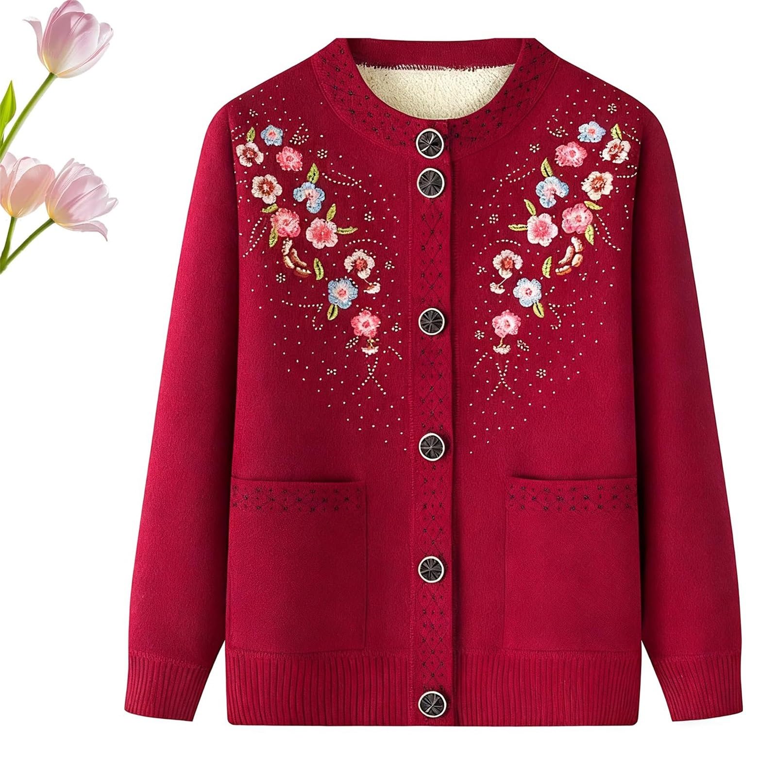 Embroidered Lapel Sweater Older People Thick Velvet Top Jacket Fall Winter Fleece-Lined Button Front Knit Coat