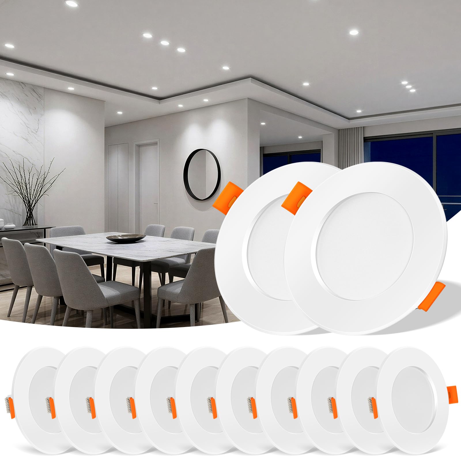 12er LED Einbaustrahler 230V flach Kaltweiß, Ø68–80mm Lochmaß