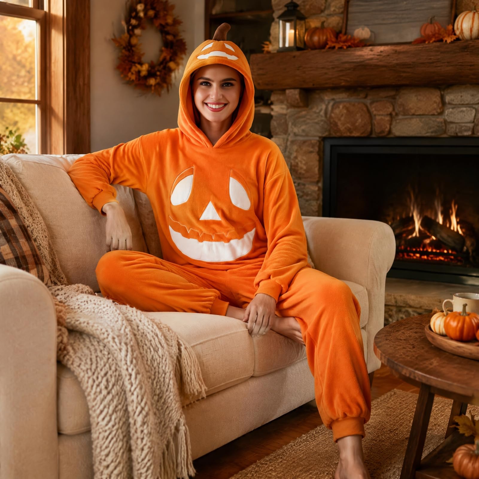 Pigiama intero a forma di zucca di Halloween, tuta cosplay per adulti con viso di zucca felice