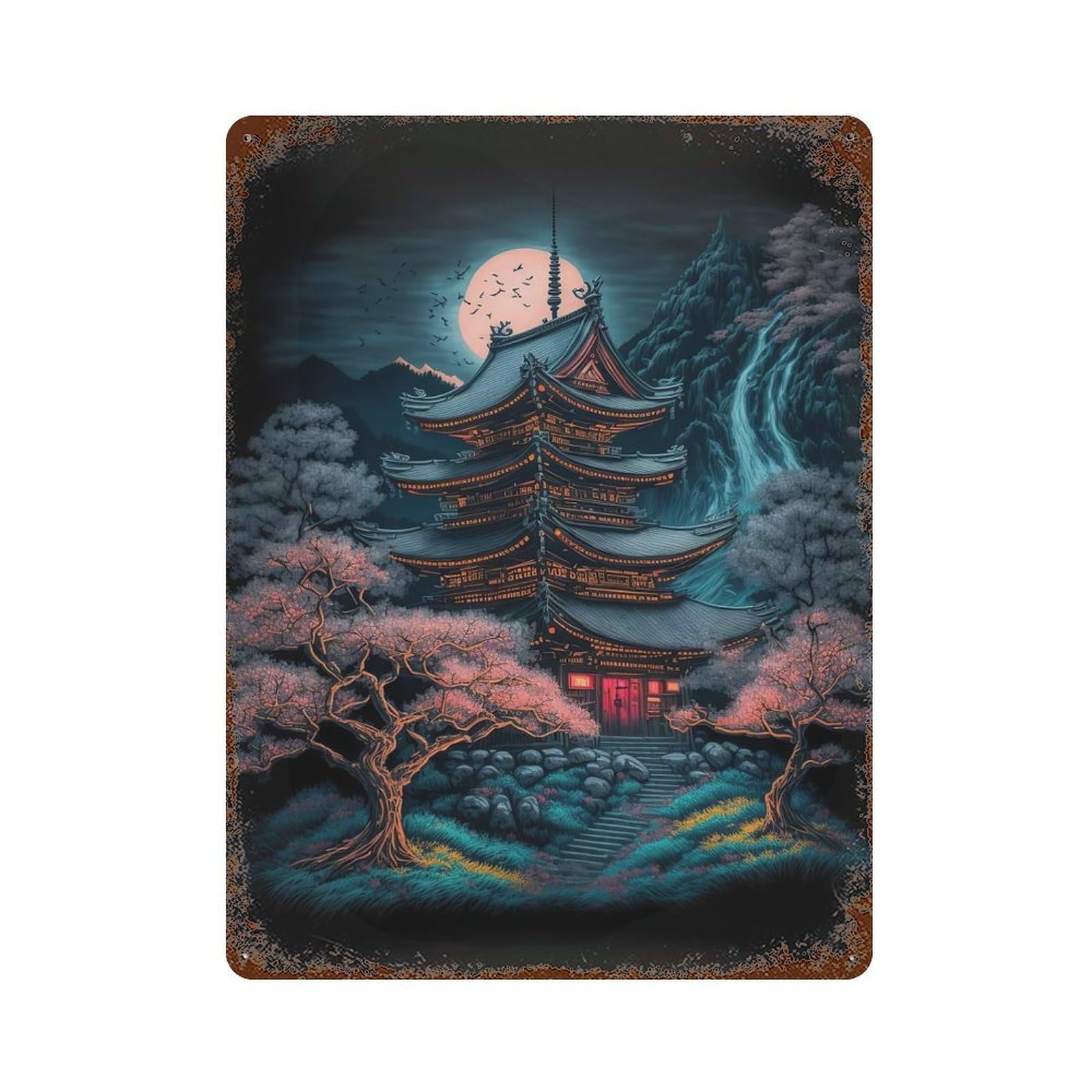 Rust Effect Japanese Shrine Decorative Tin Sign 15.7"x11.8", Farmhouse Wall Decor for Patio, Garden Room And Bar Decor