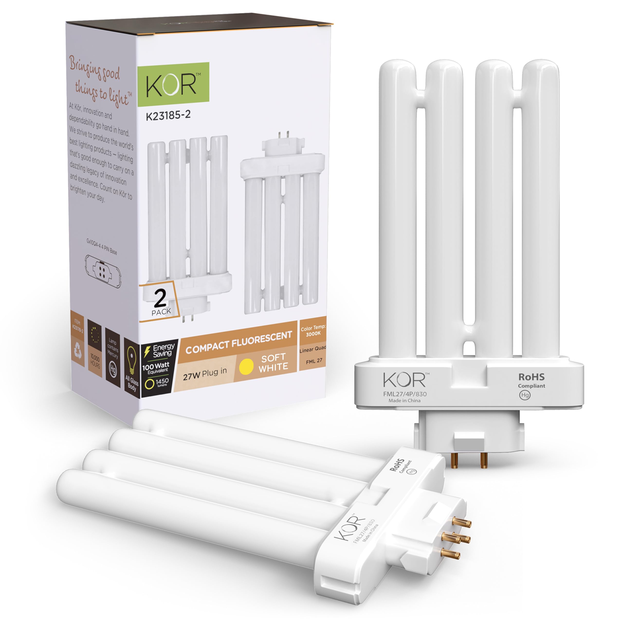 KOR Pack of 2 - FML27-30K Light Bulbs 27 Watt 4 Pin FML Lamp Replacement Bulb 3000K Soft White CFL 27W Plugin GX10Q-4 Base