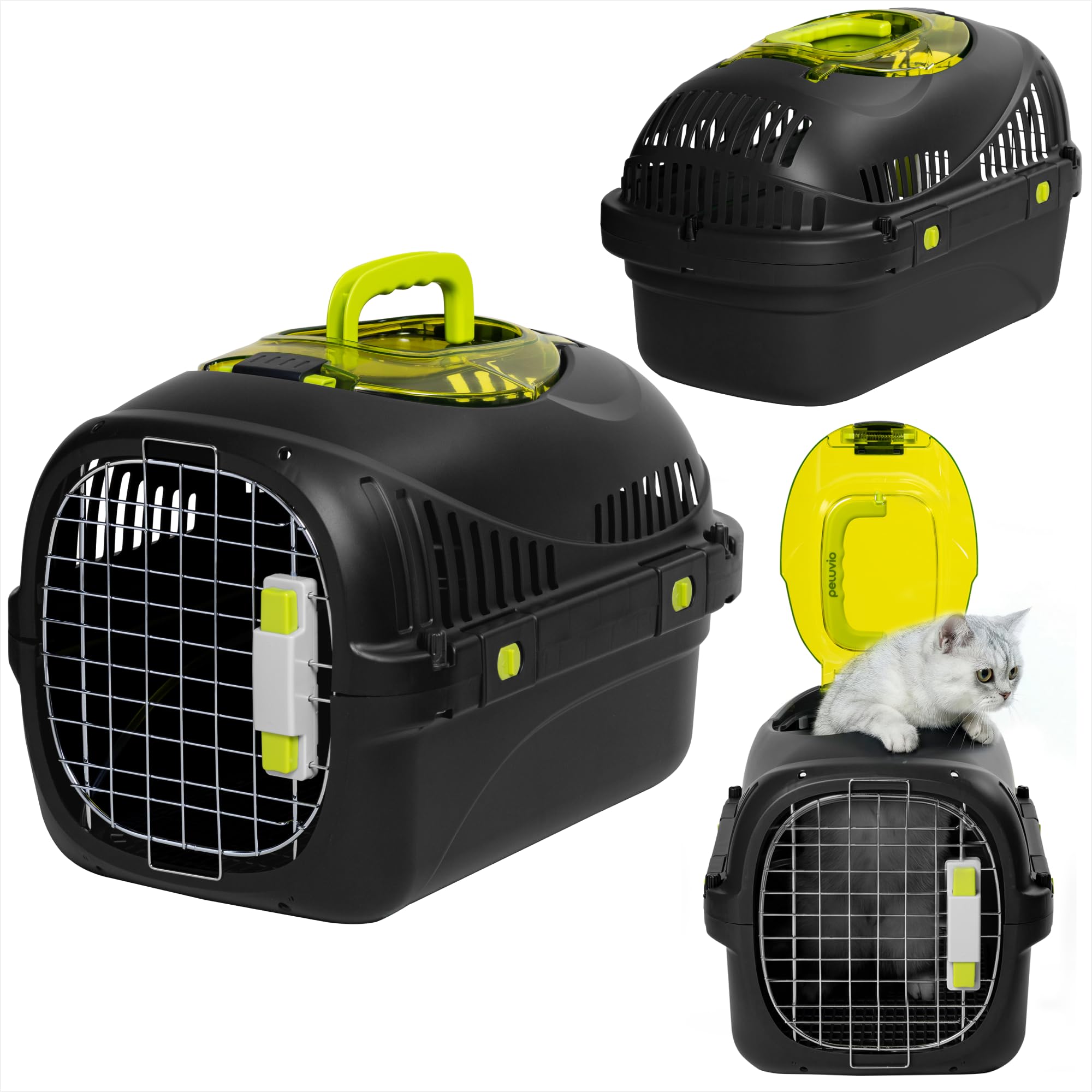Safy Transportín para Gatos Rígido, Carcasa PP, Puerta de Metal con Doble Cierre Seguro, Ventilación 360, Asa Plegable, Rejilla para Empapador y Cuenco Colgable, para Coche y Viaje, hasta 5 kg