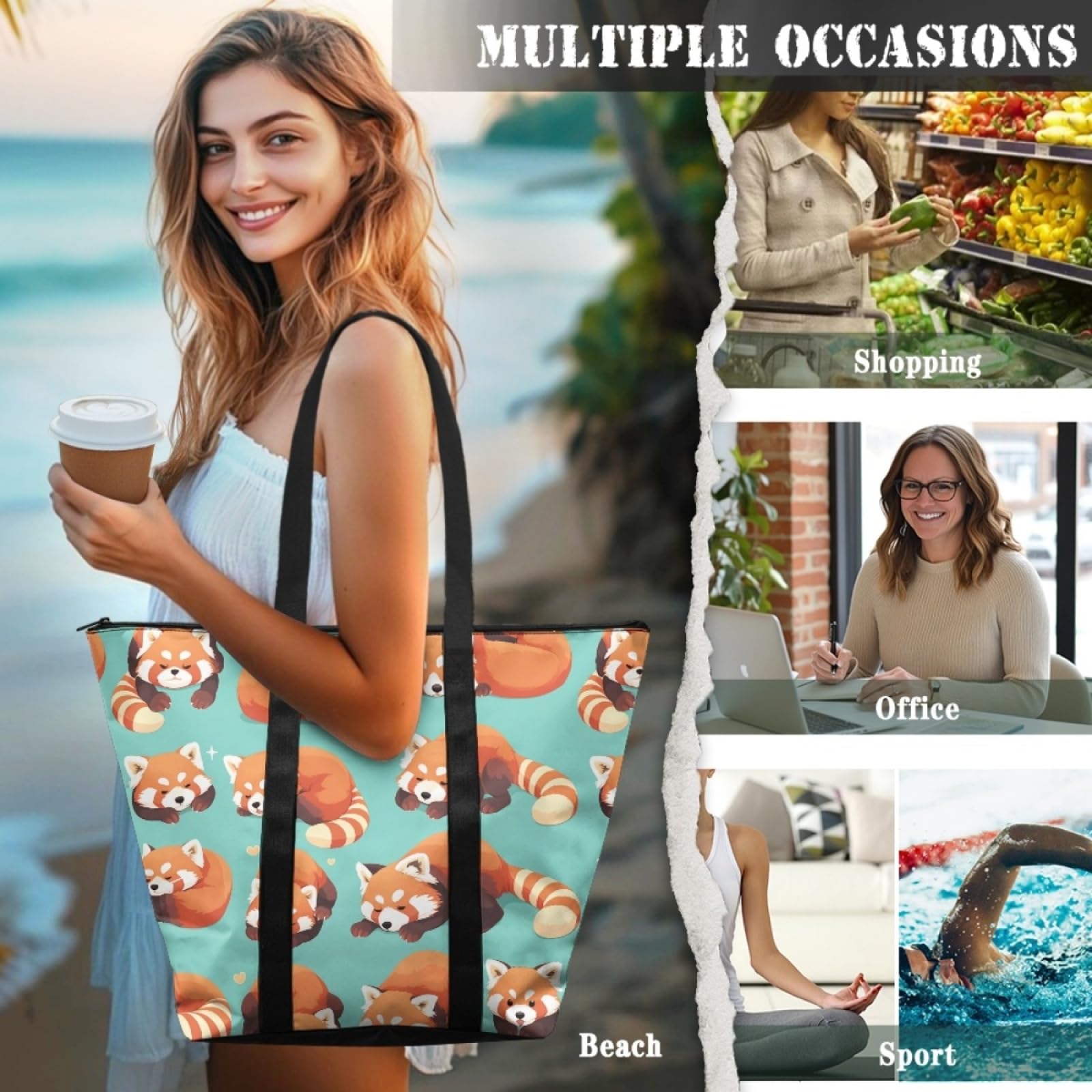 Tote Bag Tela Bolsas de Tela Poliéster Bolso de Mano de Mujer Reutilizable Bolsa Compra Plegable Tote Bag Cremallera Bolso Viaje Duradero Totebag