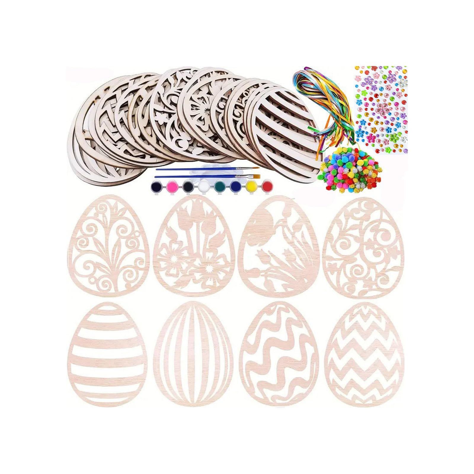 NEWFT Wooden Easter Eggs Ornament Craft Set Unfinished Easter Eggs Wood Slices for Adult Art Painting Holiday Decoration