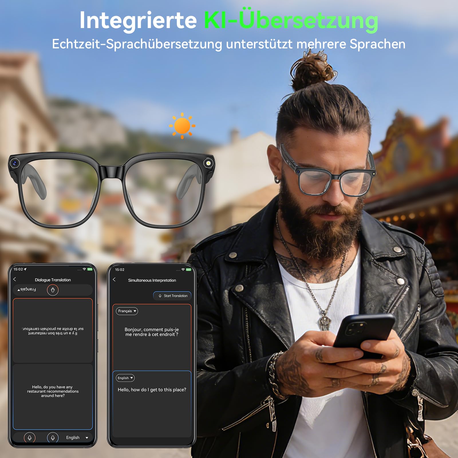 Kamera-Brille, 8 MP Lünette mit KI, intelligente Lünette unterstützt Videoaufnahme/Musikwiedergabe/Audioaufnahme/Bluetooth-Anrufe/GPT-Identifikation (blaues Licht)