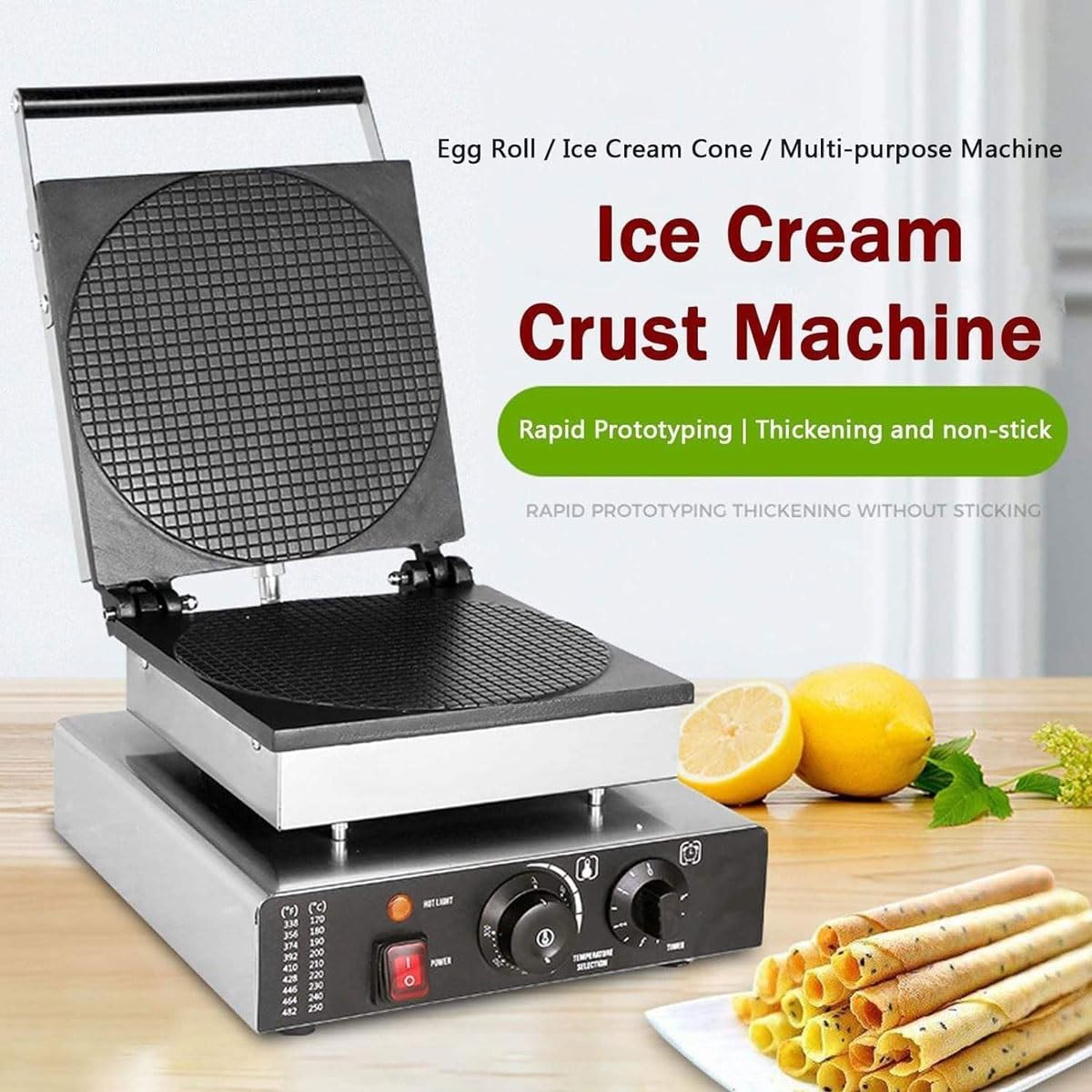 Macchina elettrica Professionale per Coni Waffle e involtini Primavera con Temperatura e Timer Regolabili, Superficie Antiaderente per Una Facile Preparazione dei cibi.,Square