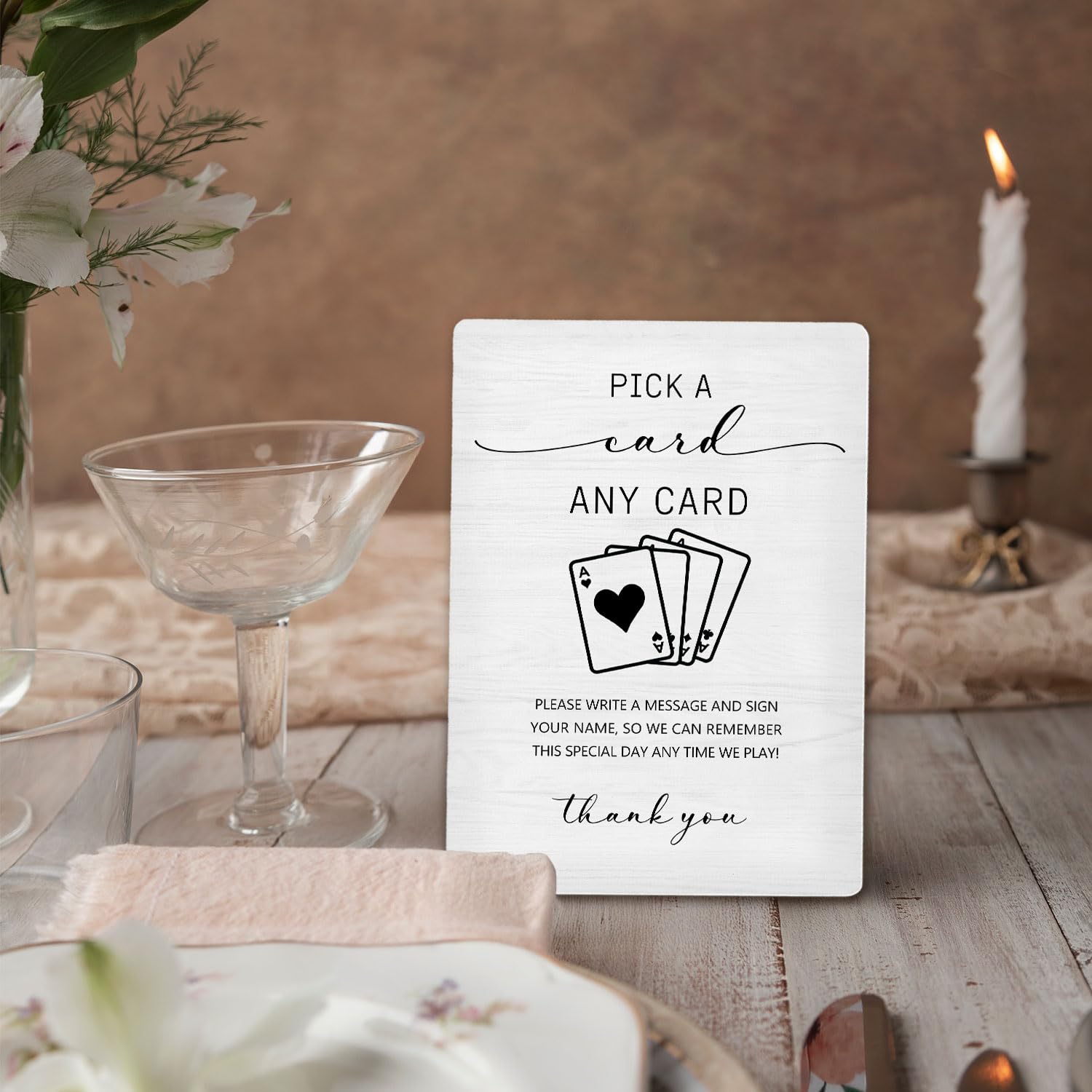 Tabliczka z napisem "Pick a Card", księga gości weselnych, drewniany stojak 13 x 18 cm, dekoracja stołu na ceremonię i przyjęcie (biały 01, 13 x 18 cm)