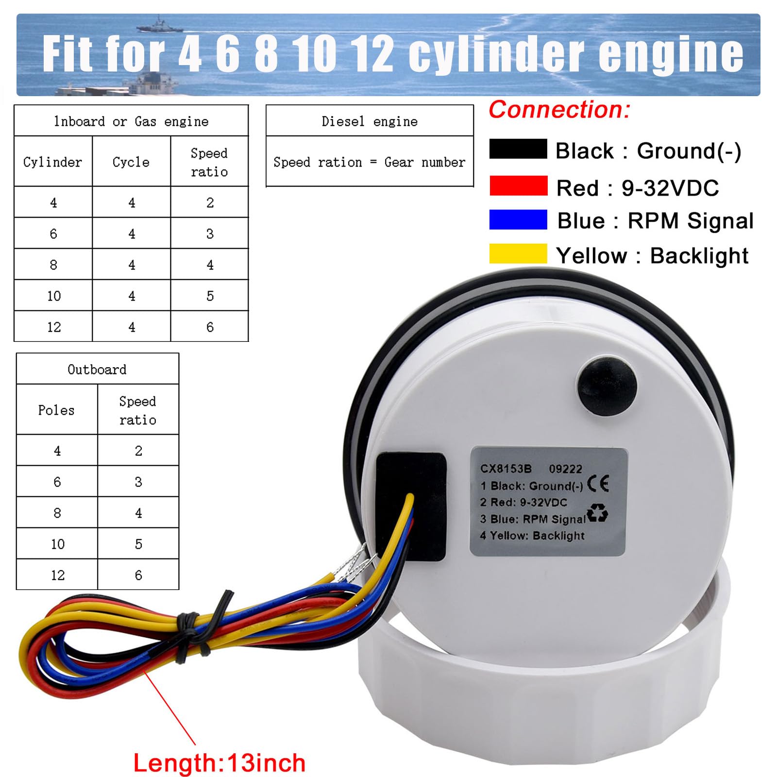 Amazon.co.jp: 85mm ボート RPM タコメーター ゲージ 8000RPM