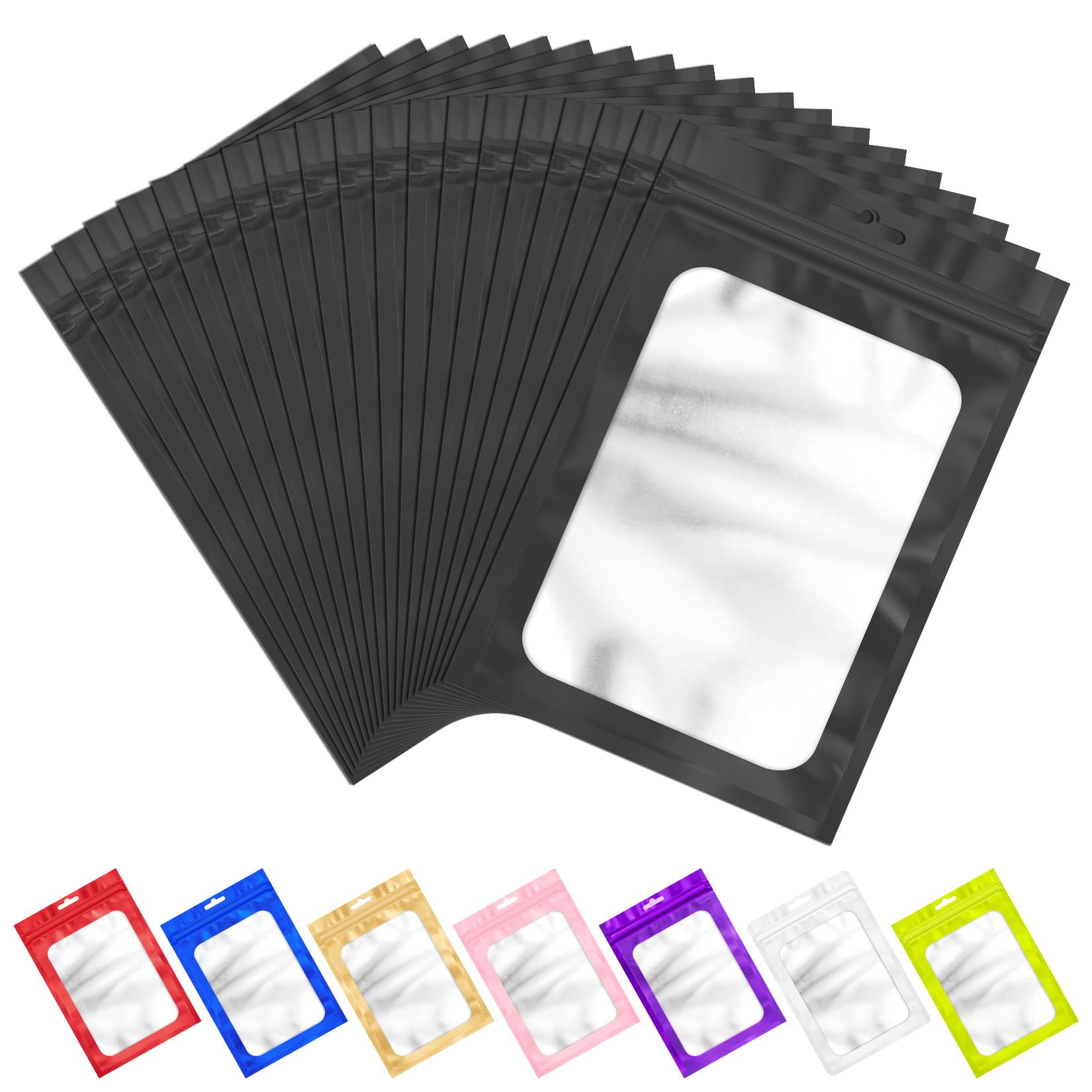 100 PCS Resealable Mylar Bags with Frosted Clear Window Bags Packaging Bag Foil Pouch Zipper Bag for Food Self Sealing Storage Supplies (Black,