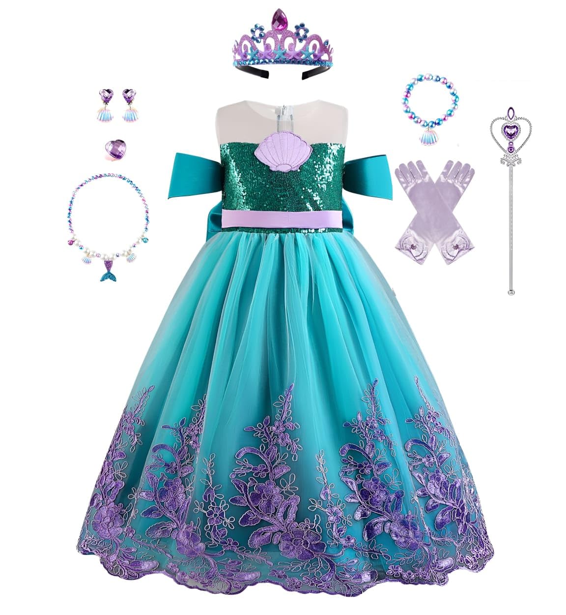Yalla Baby Girls Purple Princess Dress Costume for Kids Dress Up with Free Accessories - 90-140 cm 3-12 Years Birthday Party Cosplay Outfits
