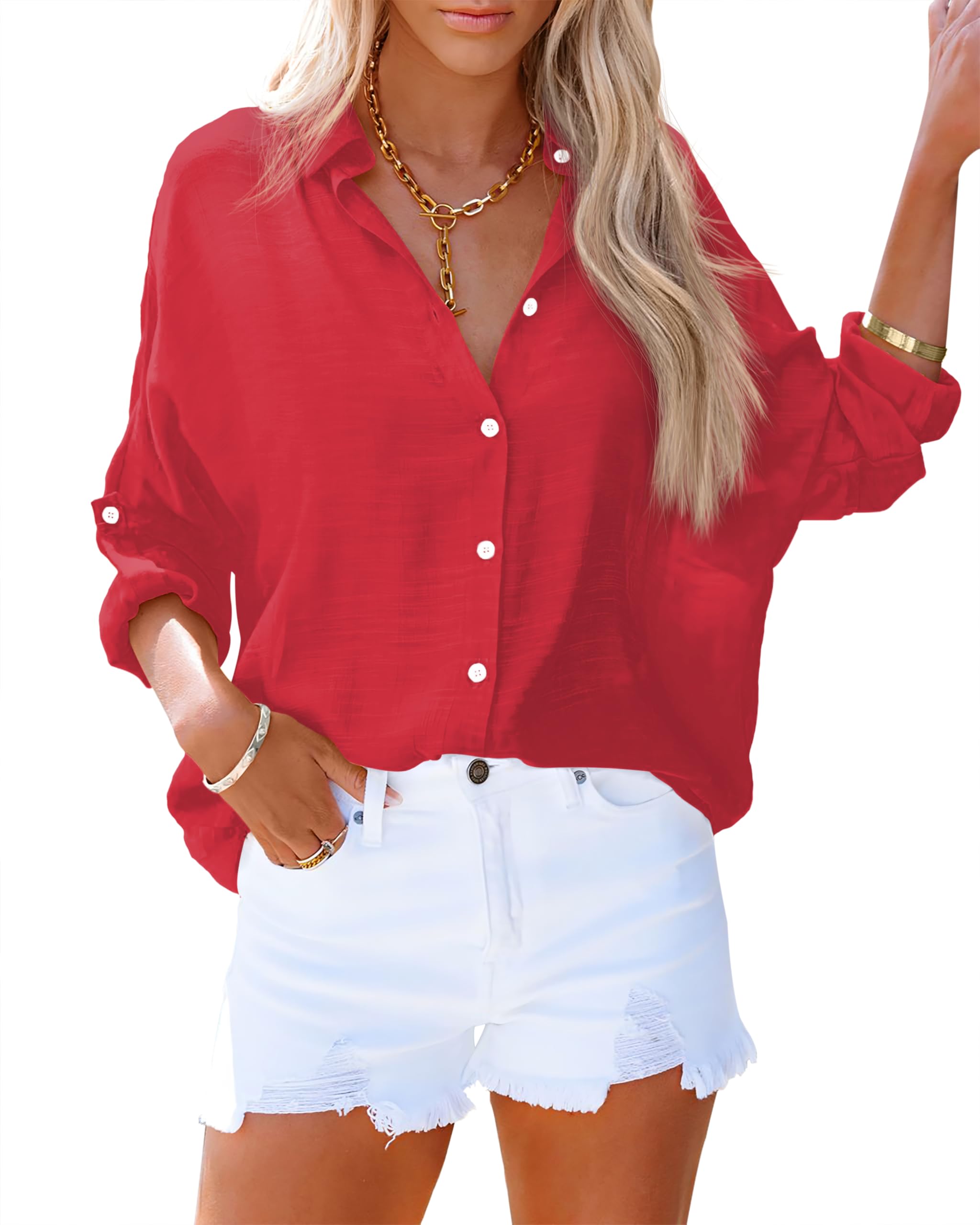 AISEW Womens Button Down V Neck Collared Shirts Dressy Casual Long Sleeve Roll Up Blouses Loose Cover Ups Tunic Tops