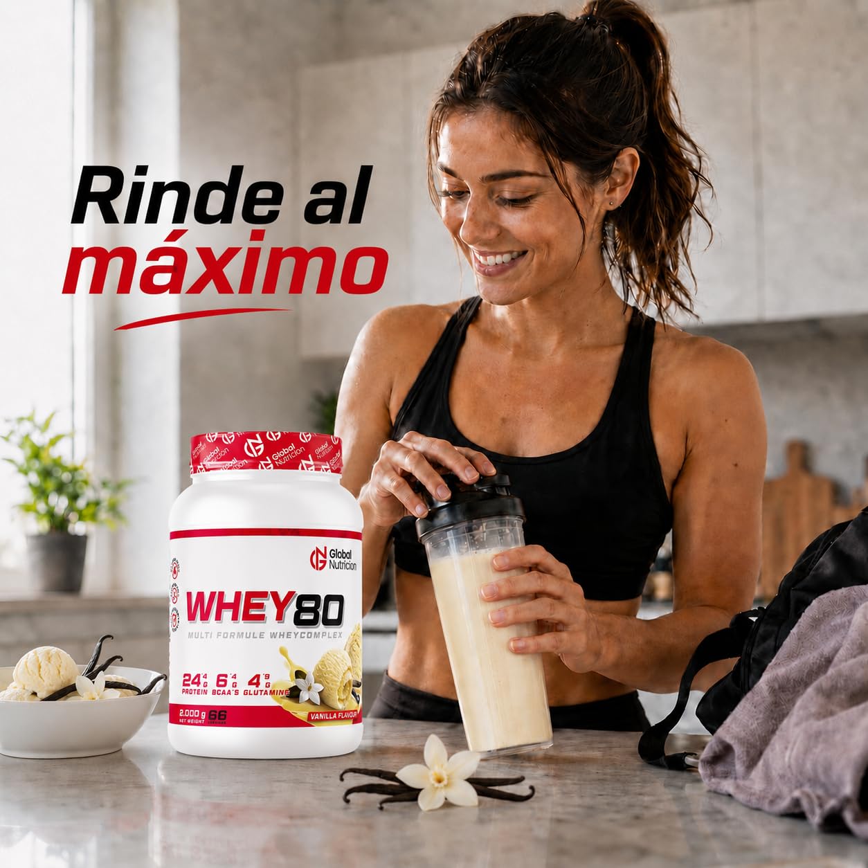 GlobalNutricion Whey 80 Proteína en Polvo de Suero de Leche 2 kg Vainilla | BCAA naturales, Bajo en grasas y azúcares, contribuye al crecimiento de la masa muscular, Mejora tus entrenamientos