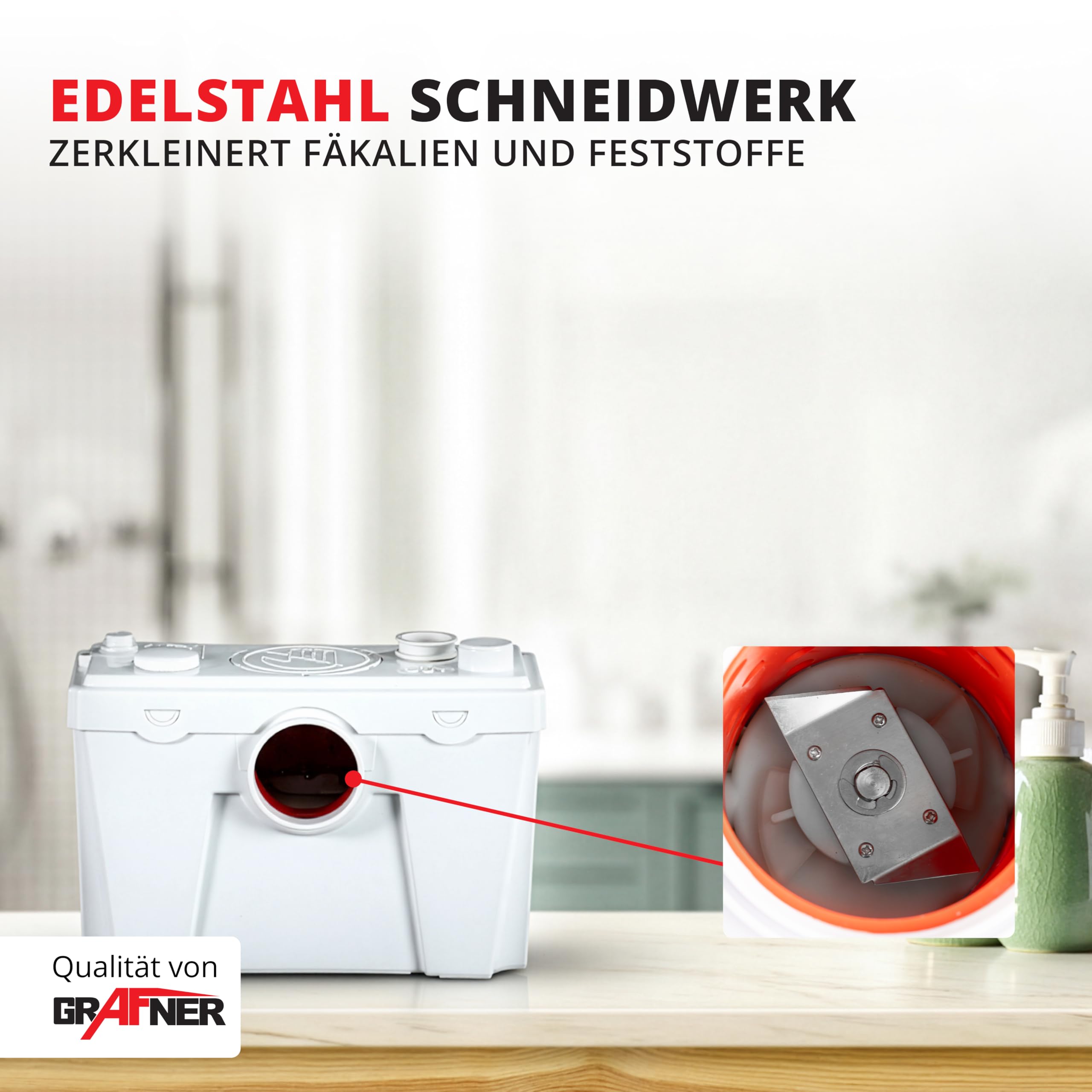Grafner 4/1 Kleinhebeanlage 500W mit Häcksler & Aktivkohlefilter, Hebeanlage bis 8m Höhe, 4 Einlässe, 110L/min, Rückschlag, Abwasserhebeanlage WC, Dusche, Spüle, Keller Fäkalienhebeanlage