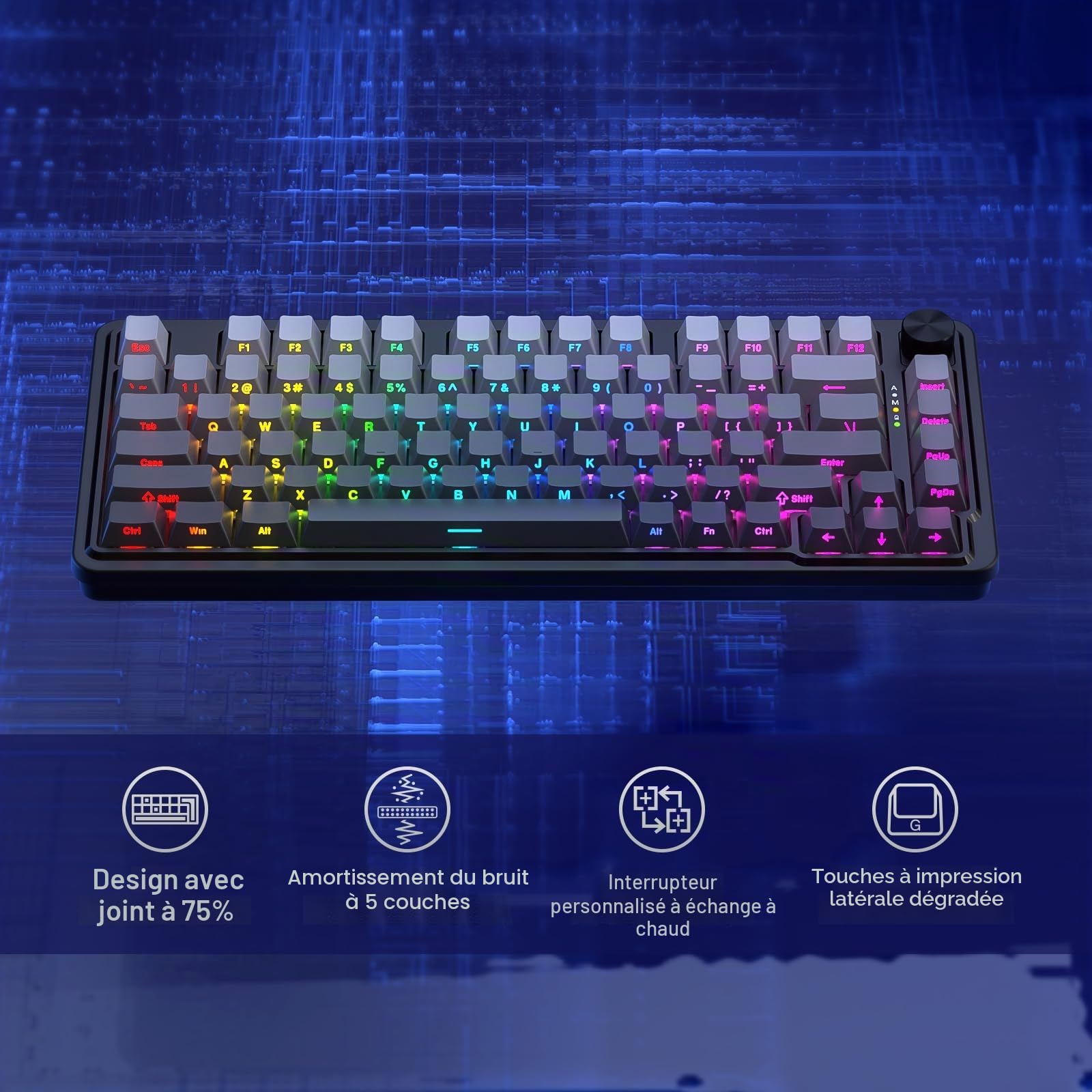 Redragon K673 GB Clavier Mecanique sans Fil Gasket 75 81 Touches PBT | Clavier mecanique sans fil Gasket 75 pourcent 3 modes 81 touches PBT controle bouton dedie attenuation bruit 5 couches