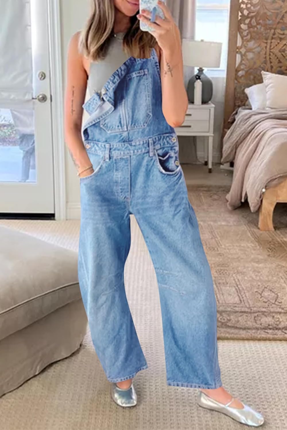 PLNOTME Womens Denim Bib Overalls Barrel Leg Adjustable Strap Jean Pants Jumpsuits with Pockets - Image 6