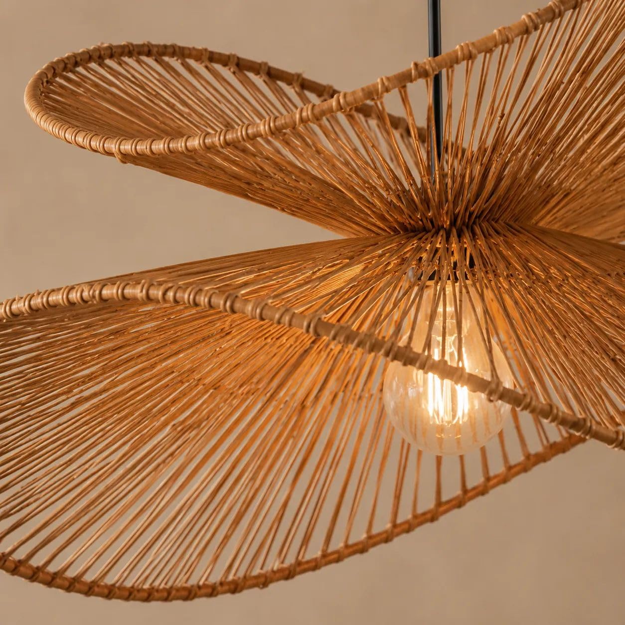 Lampadario Rattan E27 Sospensione Boho Japandi | Cavo Regolabile 100-1000 mm | Design Intrecciato a Doppio Livello | Lampada a Sospensione per Soggiorno Camera Ristorante (Bianco)