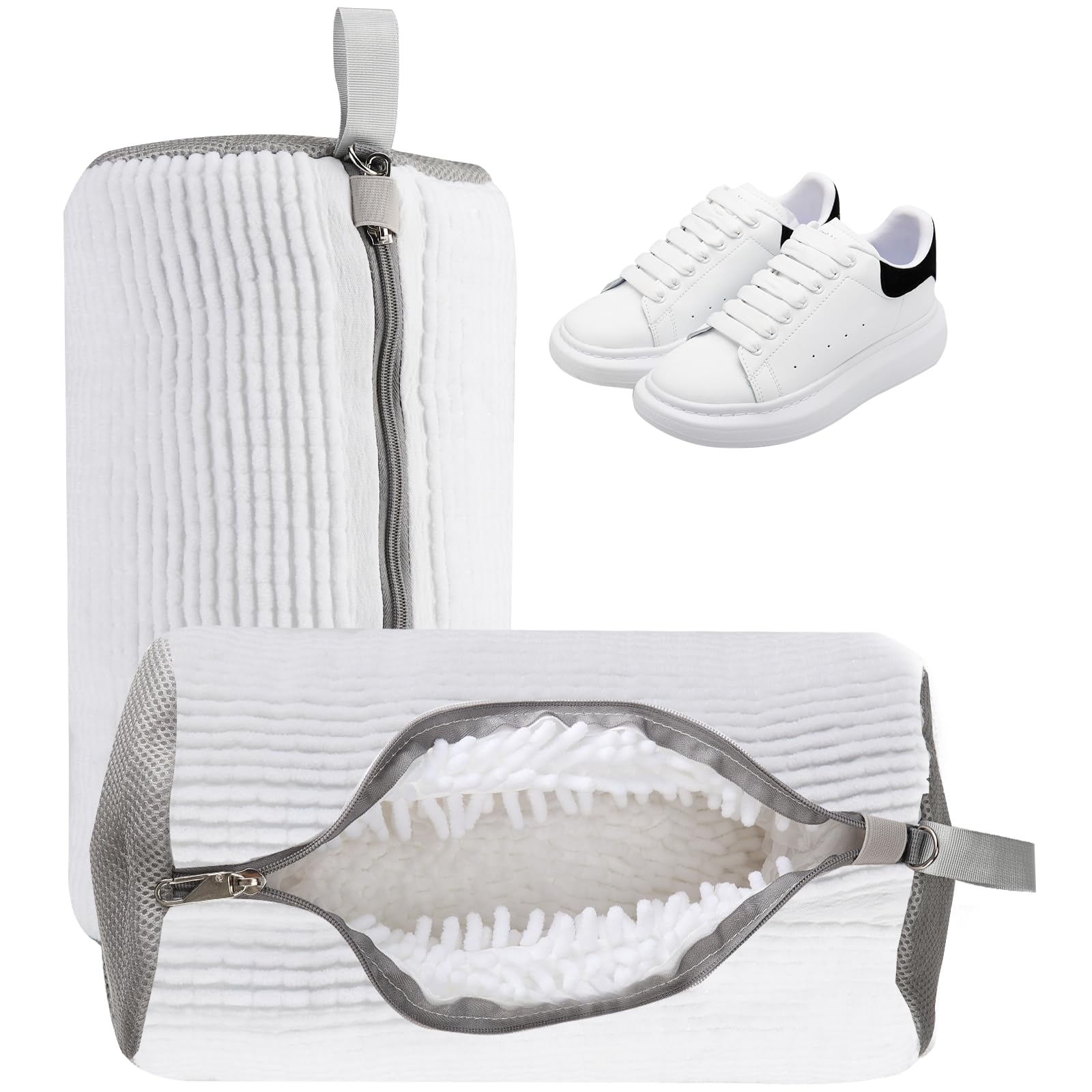 2er Pack Schuhwaschbeutel für Waschmaschine - Verformungsschutz & Schnurschutz | Wiederverwendbarer Schuh-Wäschesack mit Reißverschluss (Weiß)