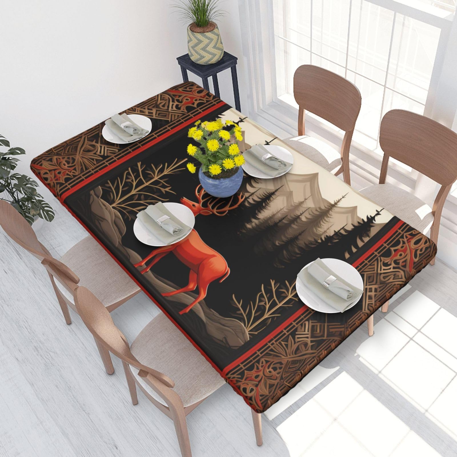 Deer Bear Buffalo Check Waterproof Square Table Cover Elastic Fitted Tablecloth Oil Proof Table Protector For 4ft Table