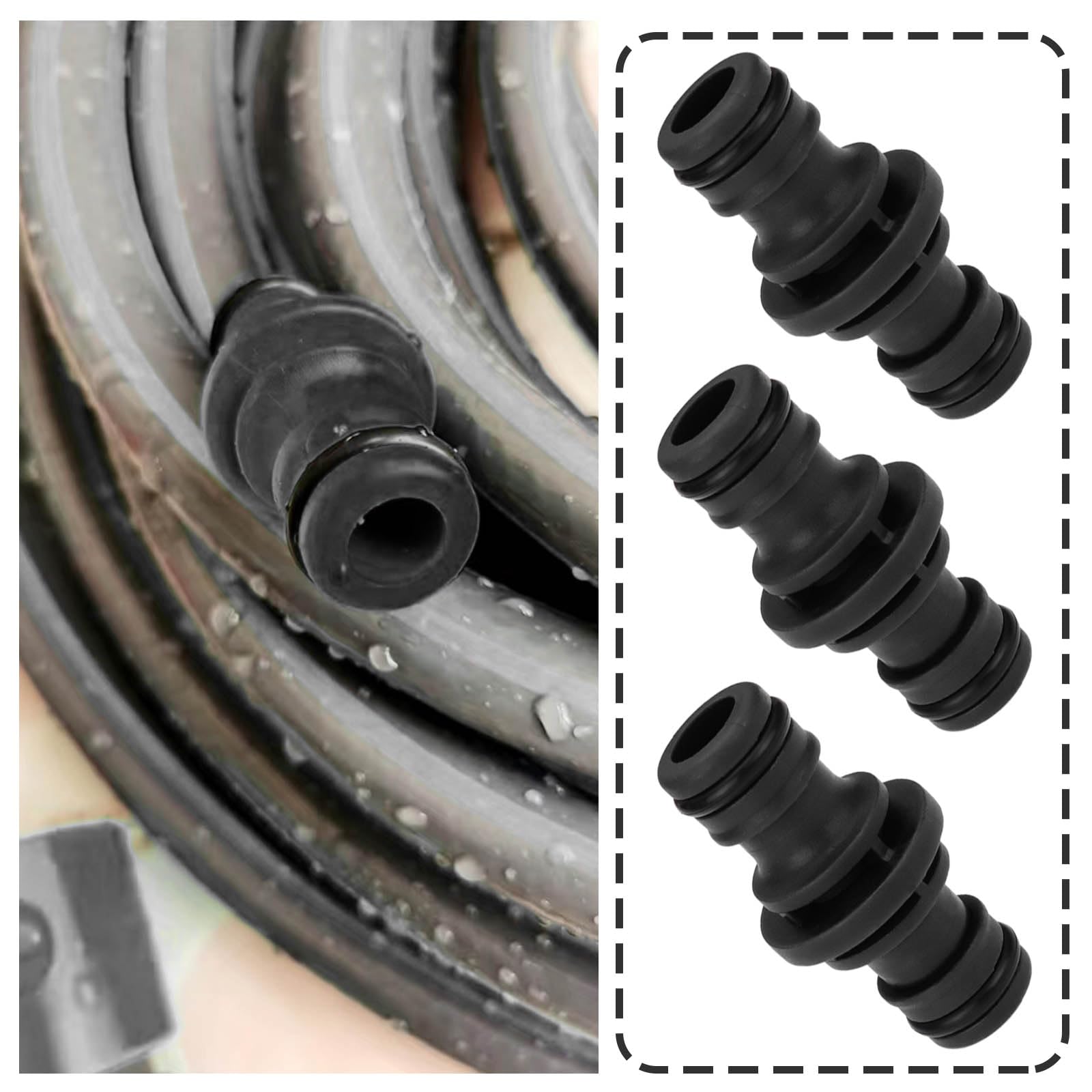 YINETTECH 10Pcs Garden Hose Connector 16mm Plastic Hose Joiner Double Male Hose Connector for Water Gun Hose Gardening Car Washing 50x25mm(Black) - Image 3