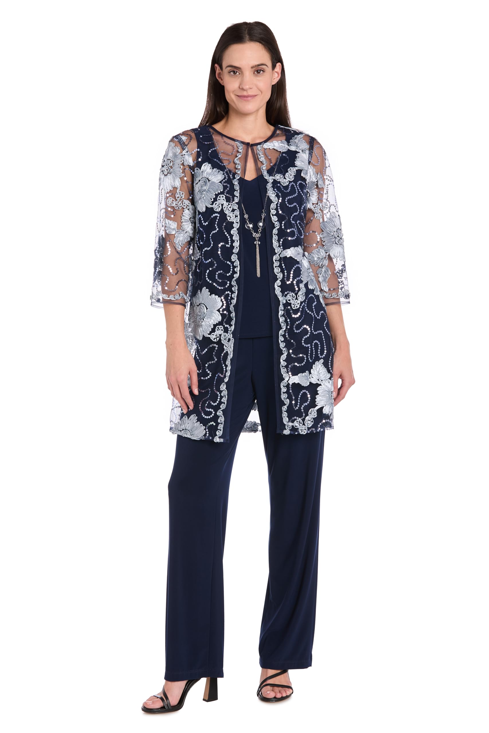 R M Richards Womens 3-Piece Sequin Soutache Cardigan Pantsuit Set W Necklace - Includes Tank Top Wide Leg