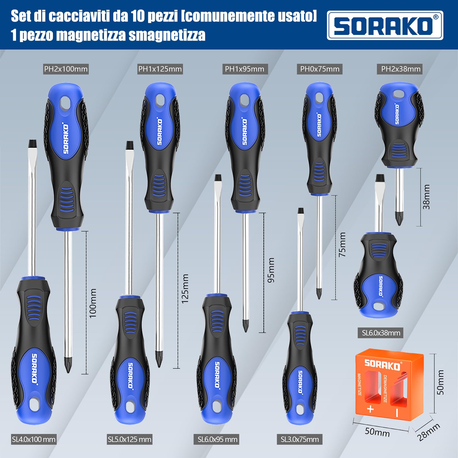 SORAKO Set cacciaviti da 11 pezzi, Con smagnetizzazione 2 in 1, Borsa in nylon ad alta densità, punta magnetica, impugnatura professionale antiscivolo, con 5 punte piatte, 5 punte a croce