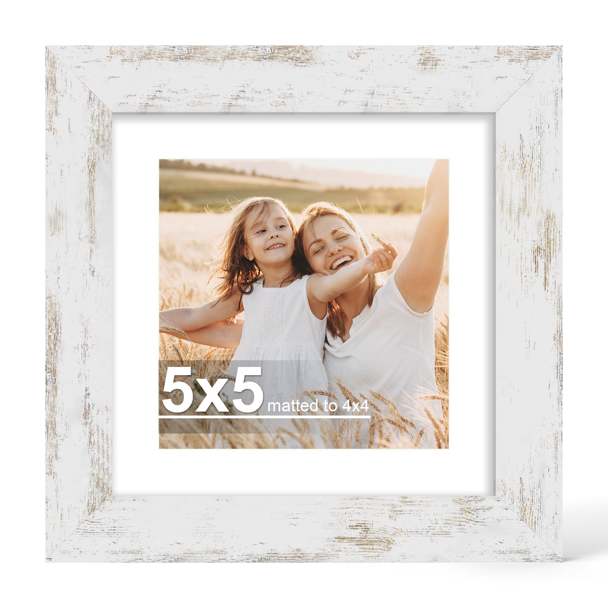 Hongkee 5x5 Picture Frame with Real Glass Wood Frame, 1 Pack (with Mat 4x4)