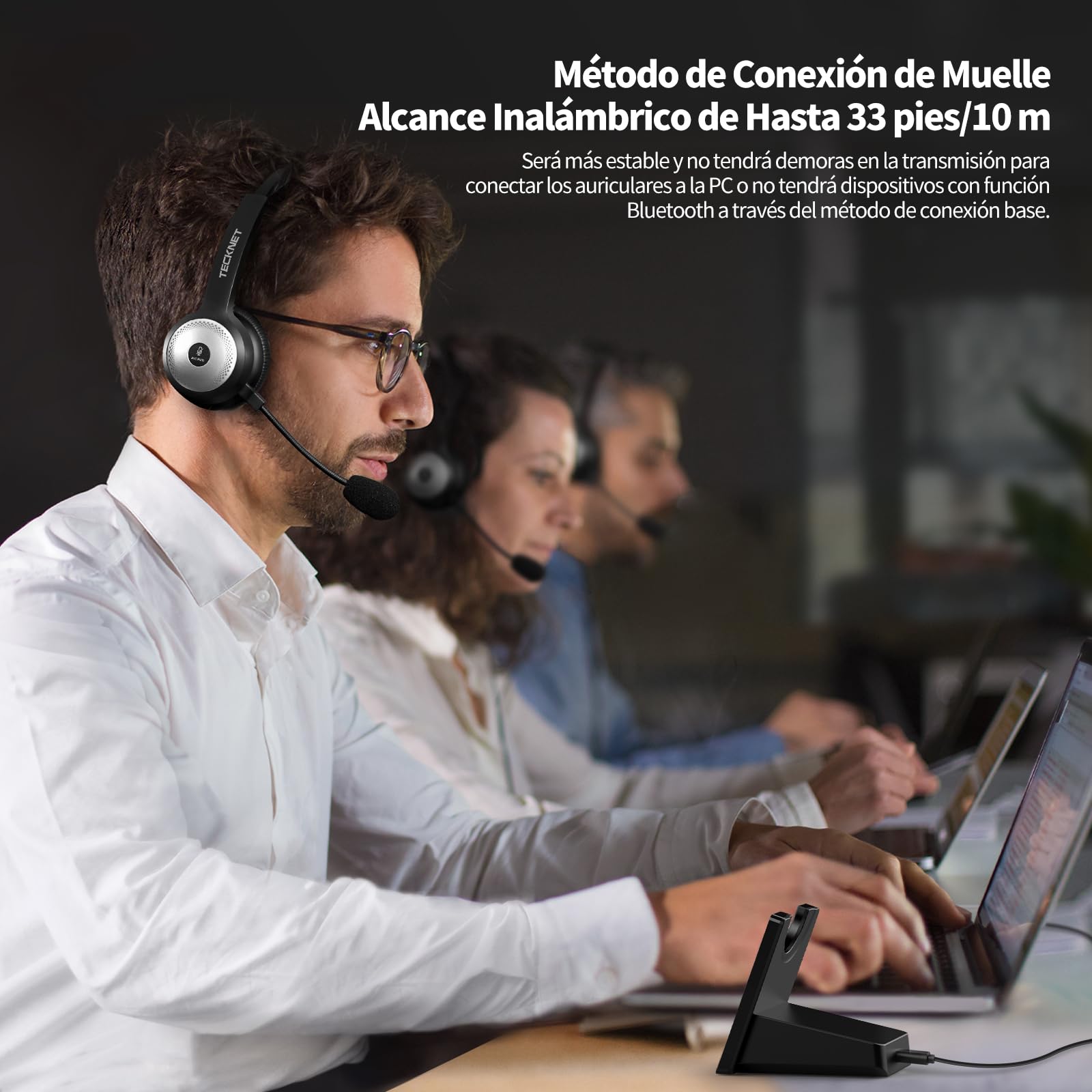 TECKNET Auricular Bluetooth con Estación de Carga, Auriculares Inalámbricos con Micrófonos PC, Cancelación de Ruido Sonido Estéreo Claro Compartible Skype,Centros de Llamadas,Cursos Online