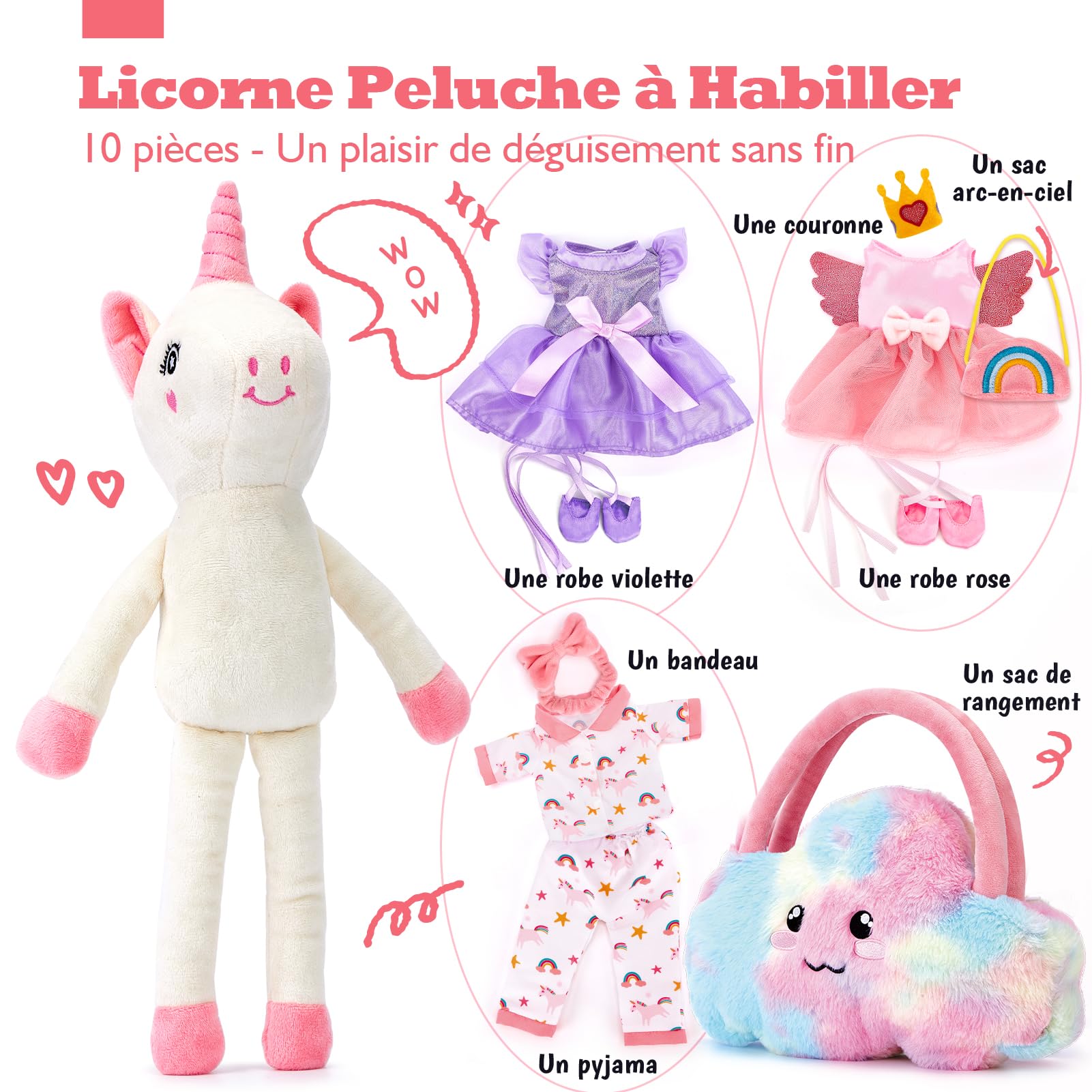 hahaland Licorne Peluche pour Filles 3+ Ans, Licorne à Habiller avec 3 Ensembles de Vêtements & 1 Sac Nuage en Fourrure, Jouet Créatif Jeu de Rôle, Cadeaux Anniversaire pour Fille 3 4 5 6 7 Ans