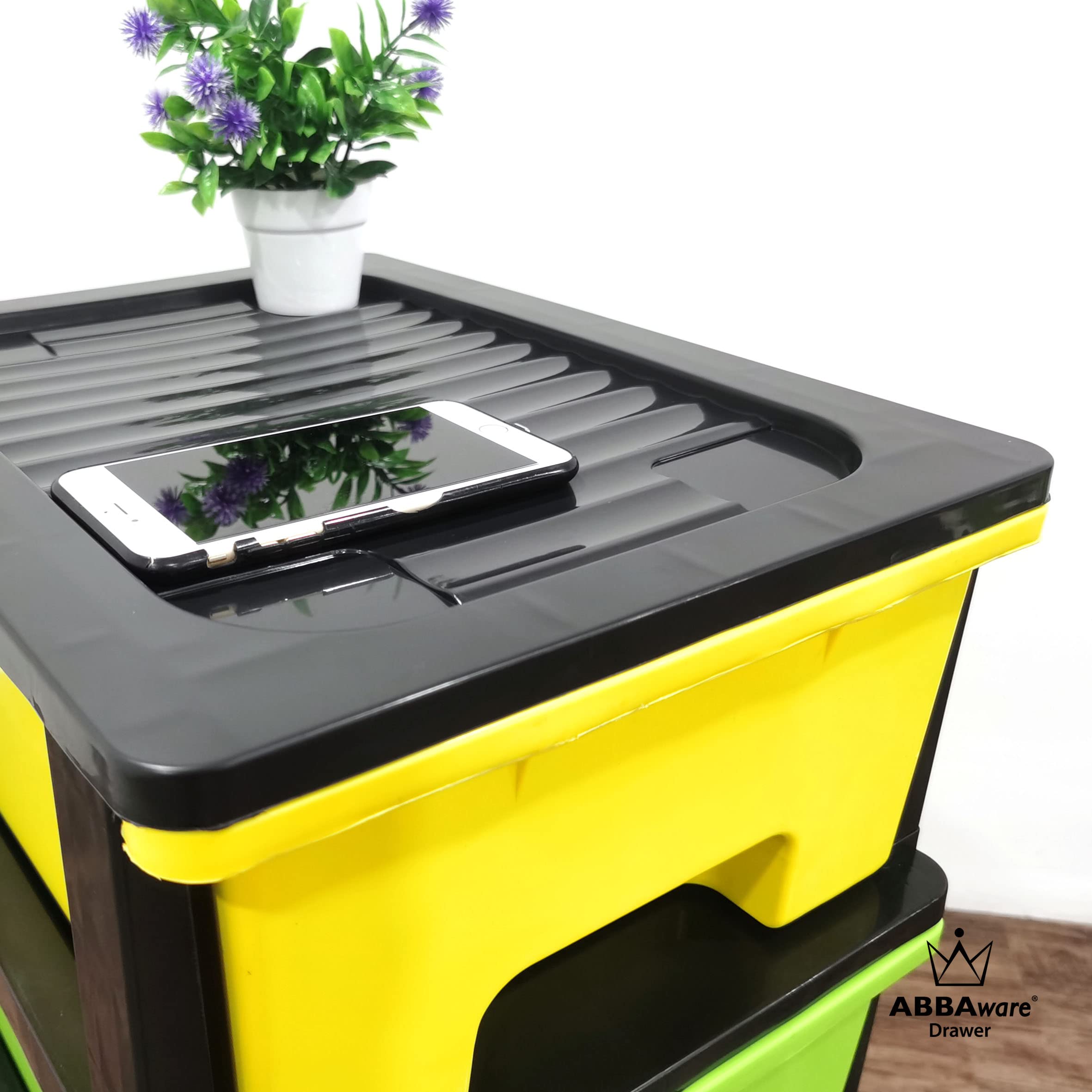 ABBAware Schubladenbox, Schubladen-Container auf Rädern, 5 große 17 Liter Schubladen, der Umwelt zuliebe aus recyclebarem PP Kunststoff, in schönen Farbvarianten, Rollcontainer, Organizer, Stapelboxen