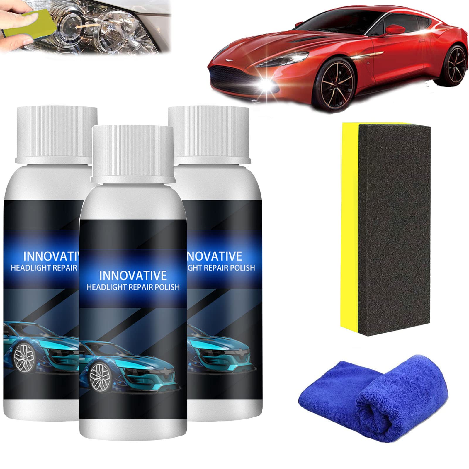 Headlight Repair Polish, Yearpapier Headlight Restore, Powerful Advance Headlight Repair Agent, Keep Clear Headlight Coating, Headlight Cleaner and Restorer Kit, Remove Oxidation (3PCS, 50ml)