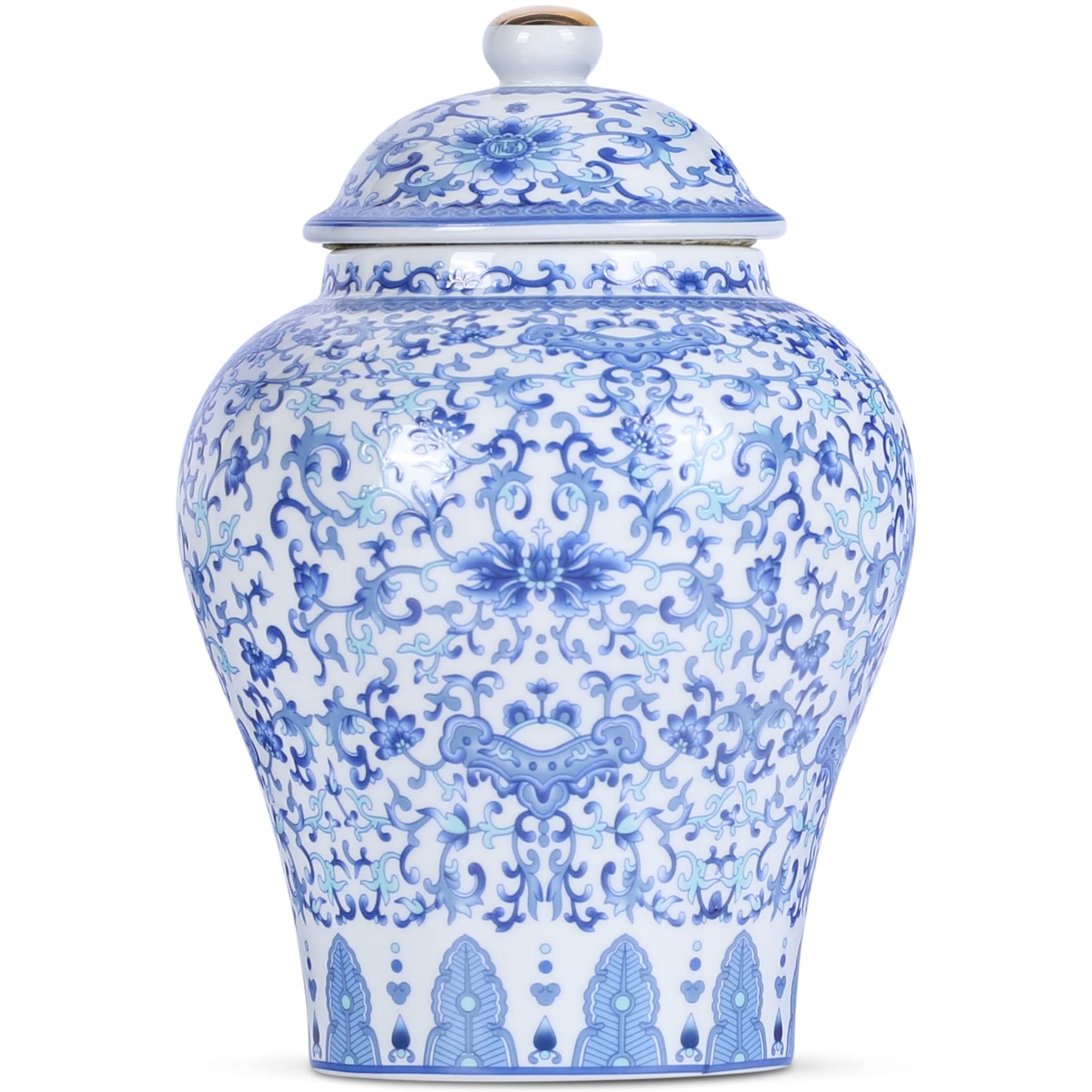 Tarro chino de jengibre con tapa, estilo Ming-Qing, decoración de flores azules y blancas, jarrón cerámico