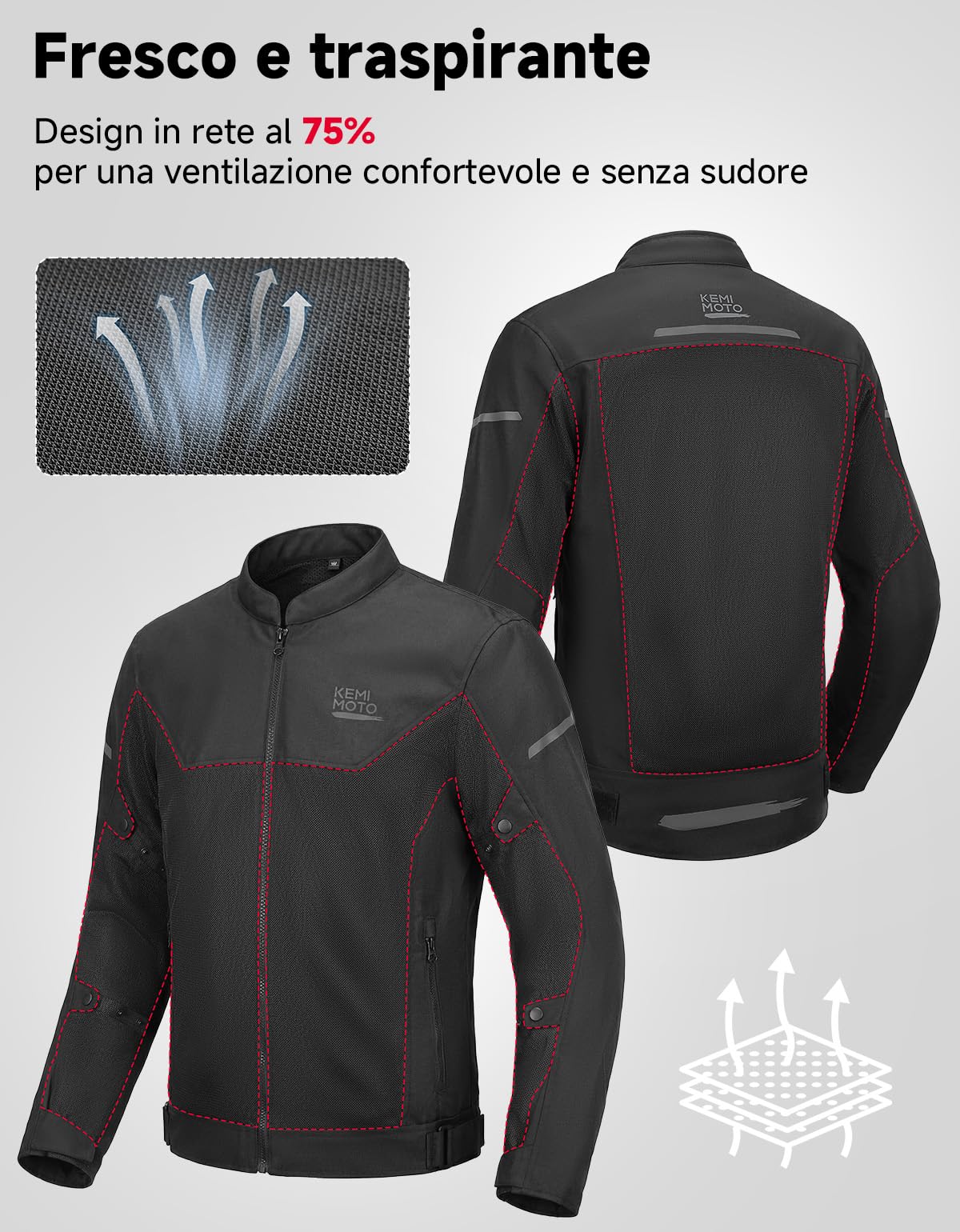 KEMIMOTO Giacca da Moto Uomo, Giubbotto Moto con Protezioni CE Rimovibile, Mesh Traspirante Giacca Motociclista con Riflettenti per Motociclismo Estivo