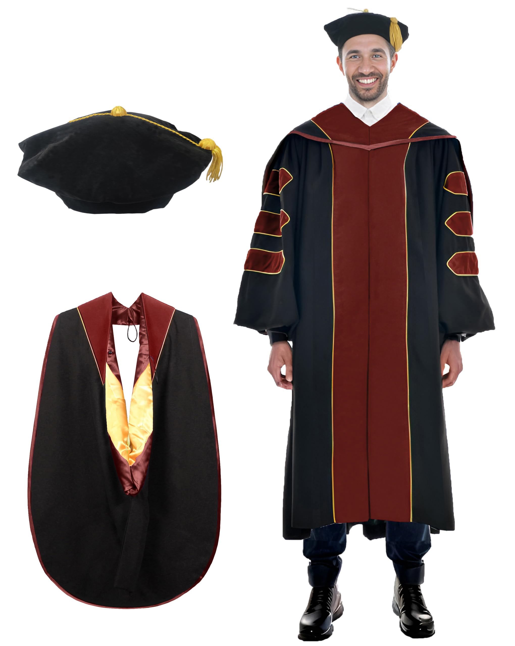 Deluxe Graduation Gown and Hood with Gold Piping - Doctoral Regalia