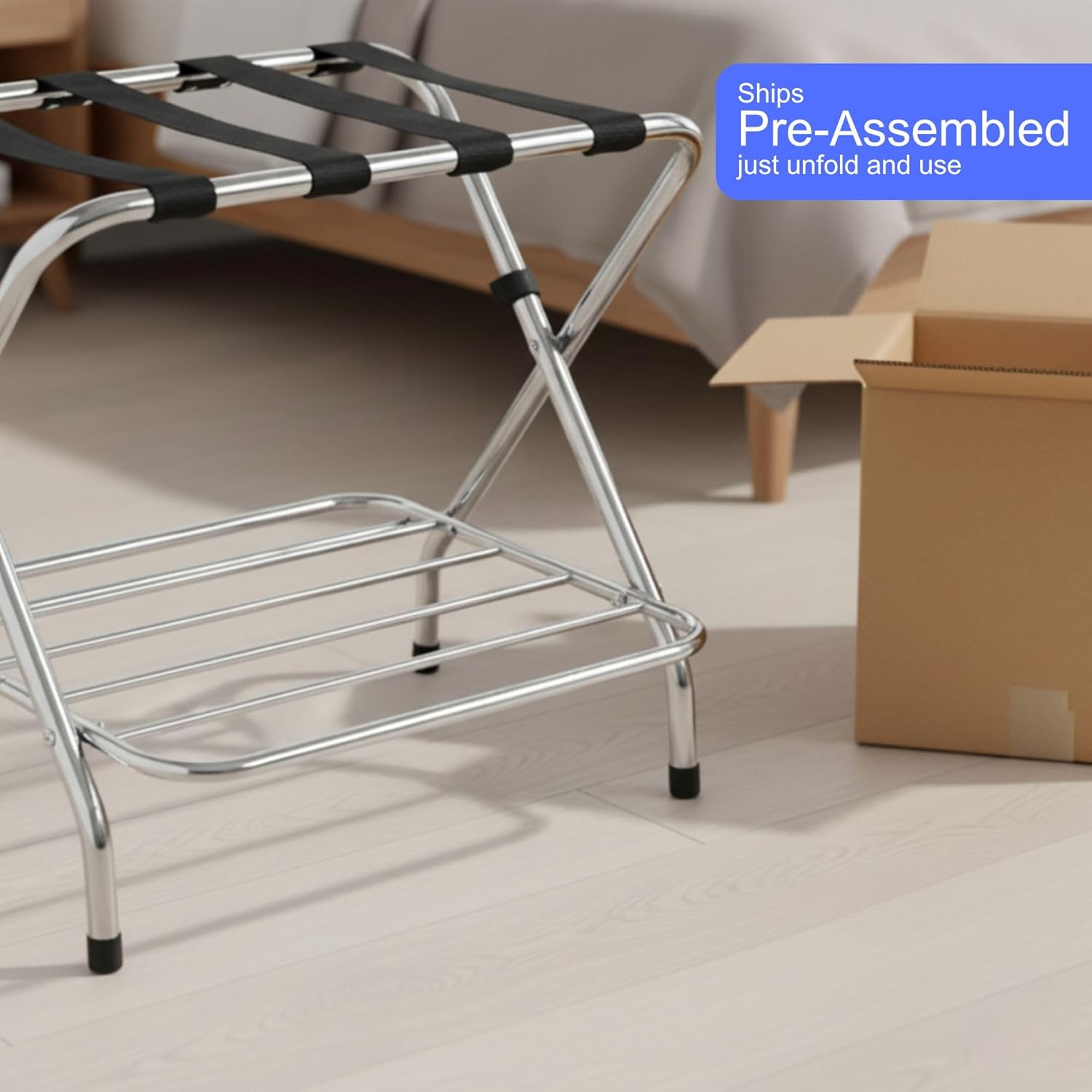 USTECH Double-Tier Luggage Rack – Foldable Suitcase Stand with Lower Shelf, Easy Assembly Metal Frame for Guest Room, Bedroom, Hotel, or Closet Storage