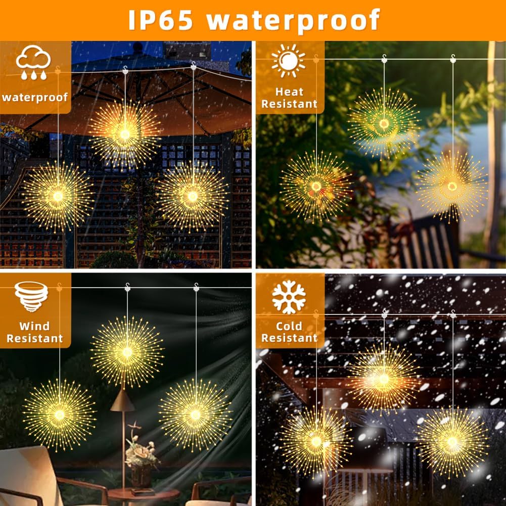 Solar Firework Lights Outdoor,5Pack 1000LED 8 Modes Solar Hanging Firework Fairy String Lights Remote with USB Rechargerable for Garden Gazebo Porch Wedding christmas Party Decor(Warm White)
