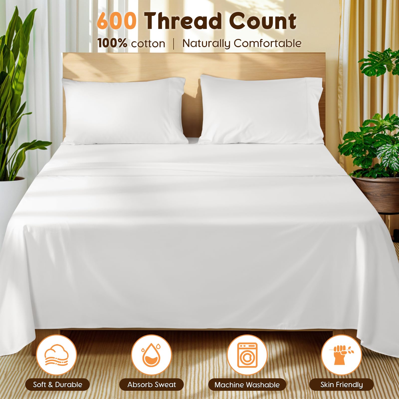 LBRO2M 100% Cotton Sheets Set Queen Size, 600 Thread Count, 4 Piece Sets Bed Sheet Deep Pocket Sheet Set 16