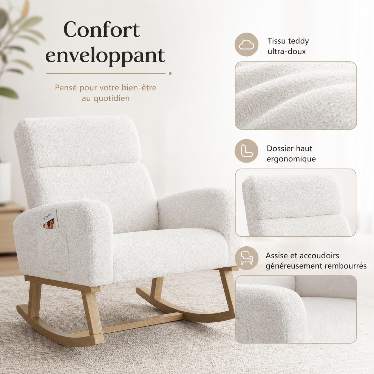 Fauteuil à Bascule en Tissu Teddy, Fauteuil d'allaitement avec Dossier Haut, Accoudoirs Rembourrés, Poches Latérales et Patins Antidérapants pour Salon, Chambre, Bureau, 69.2x78.5x87cm, Blanc