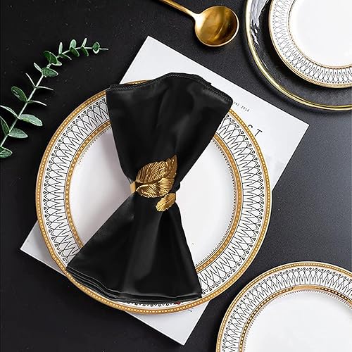 Miniatura 6 de VIJIV Juego de 12 servilletas de tela y servilletas doradas, 17 x 17 pulgadas, cuadradas, de satén, servilletas, anillos de hojas, servilletas